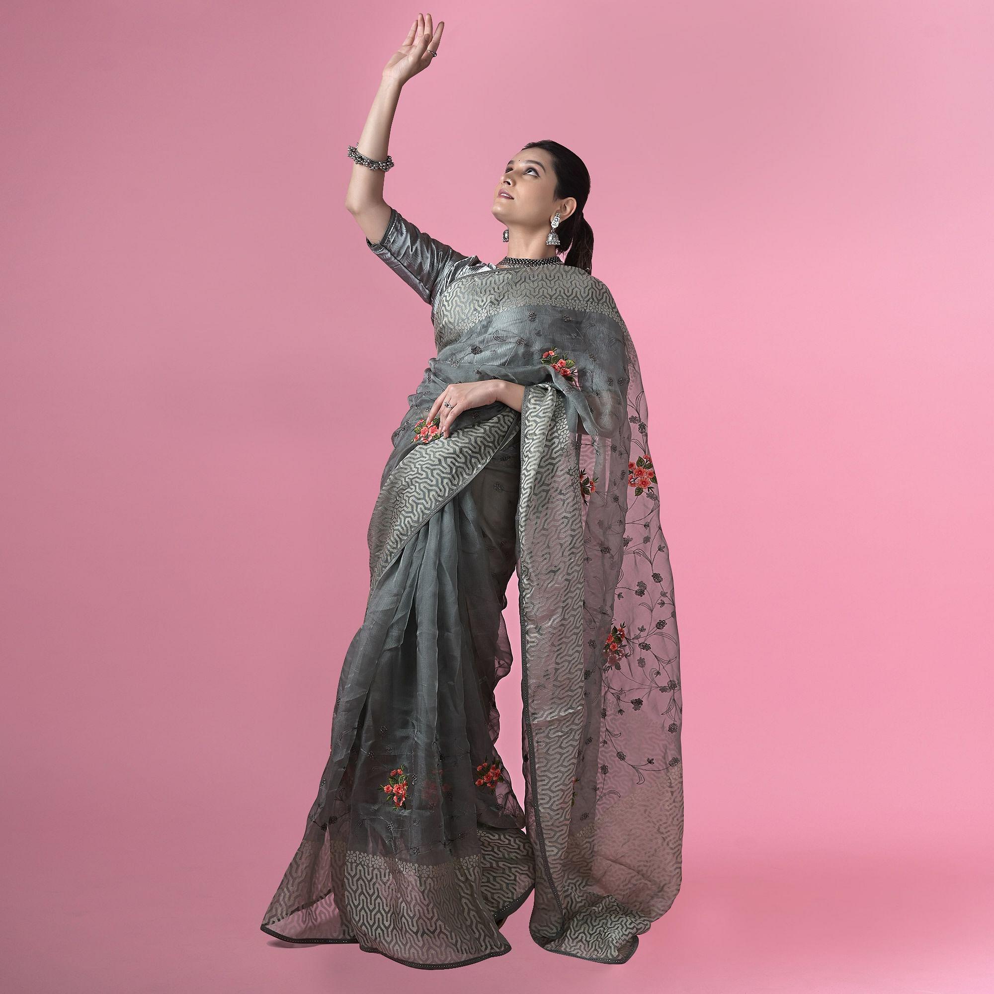 Grey Floral Embroidered Brasso Saree - Peachmode