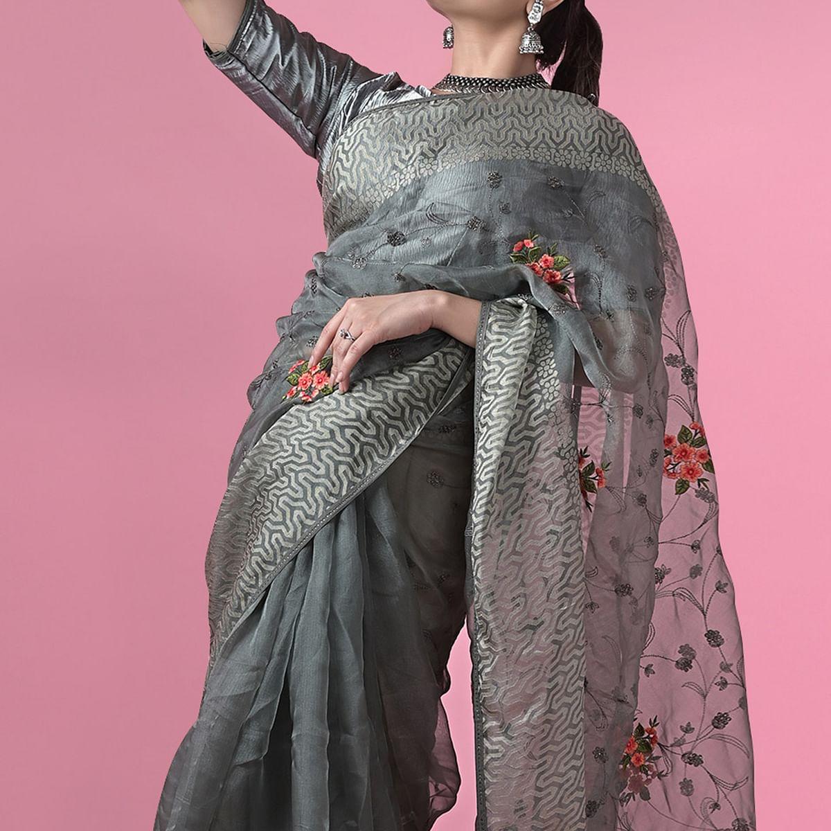 Grey Floral Embroidered Brasso Saree - Peachmode