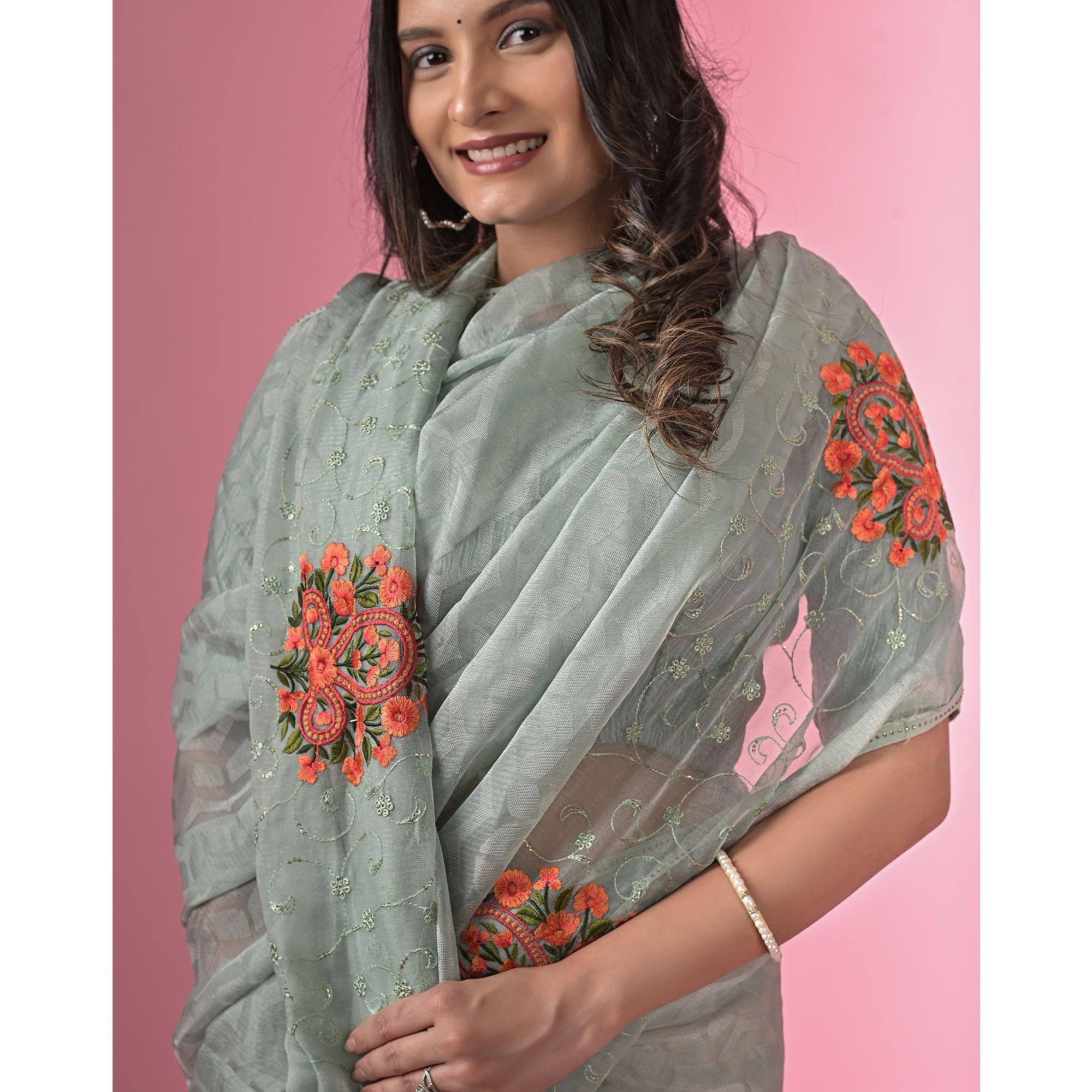 Grey Floral Embroidered Brasso Saree - Peachmode