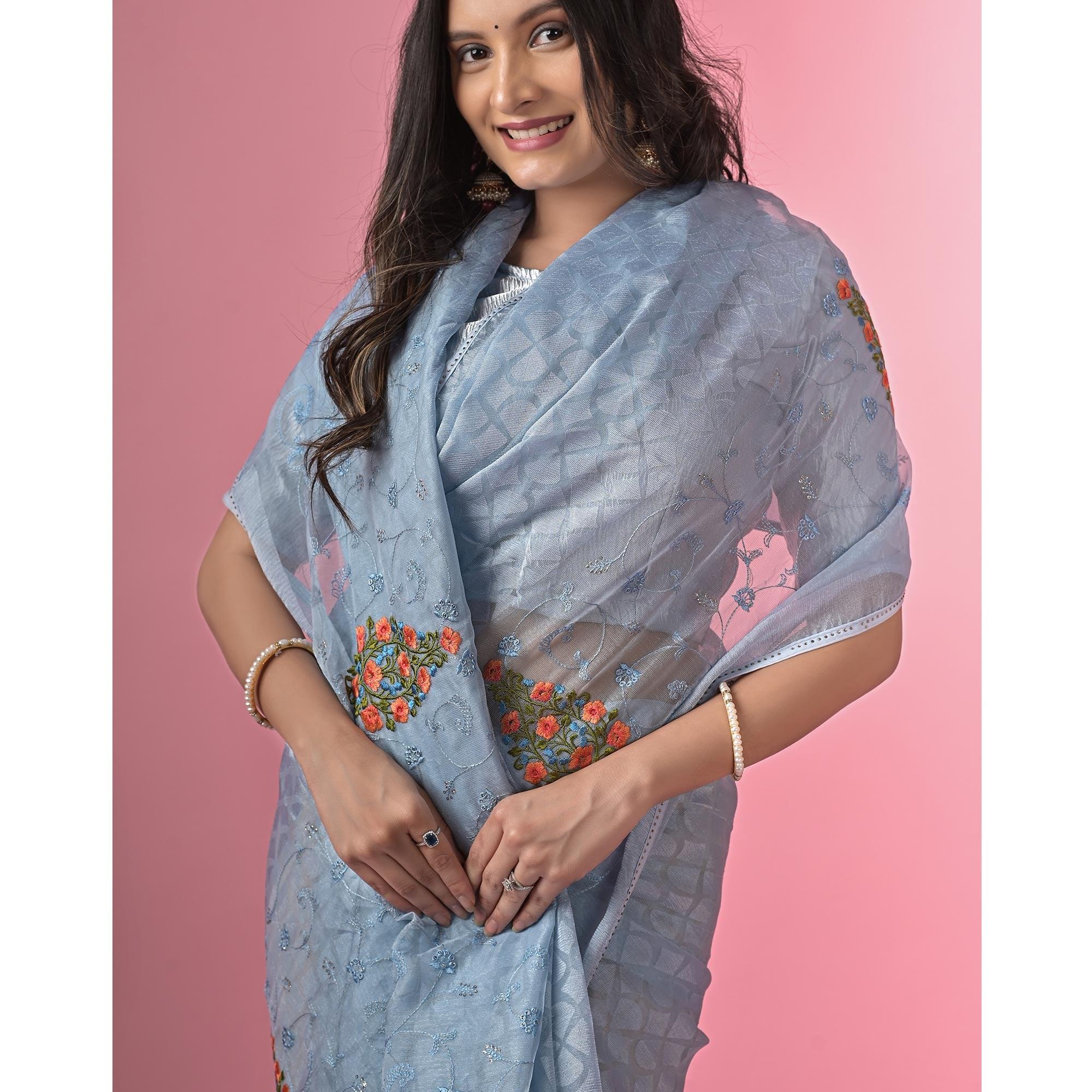 Grey Floral Embroidered Brasso Saree - Peachmode