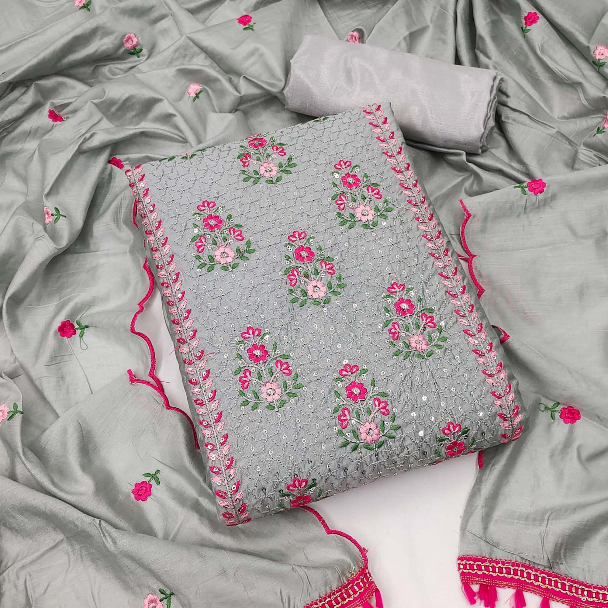 Grey Floral Embroidered Chanderi Dress Material - Peachmode