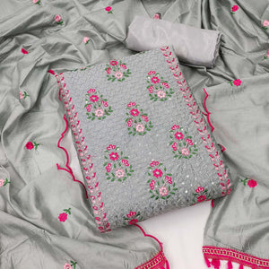 Grey Floral Embroidered Chanderi Dress Material - Peachmode