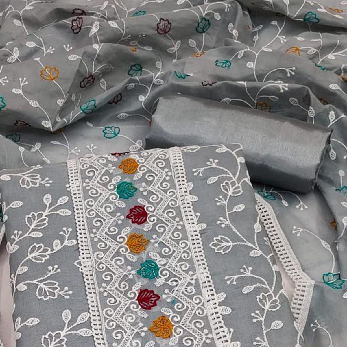 Grey Floral Embroidered Chanderi Dress Material - Peachmode
