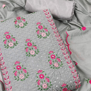 Grey Floral Embroidered Chanderi Dress Material - Peachmode