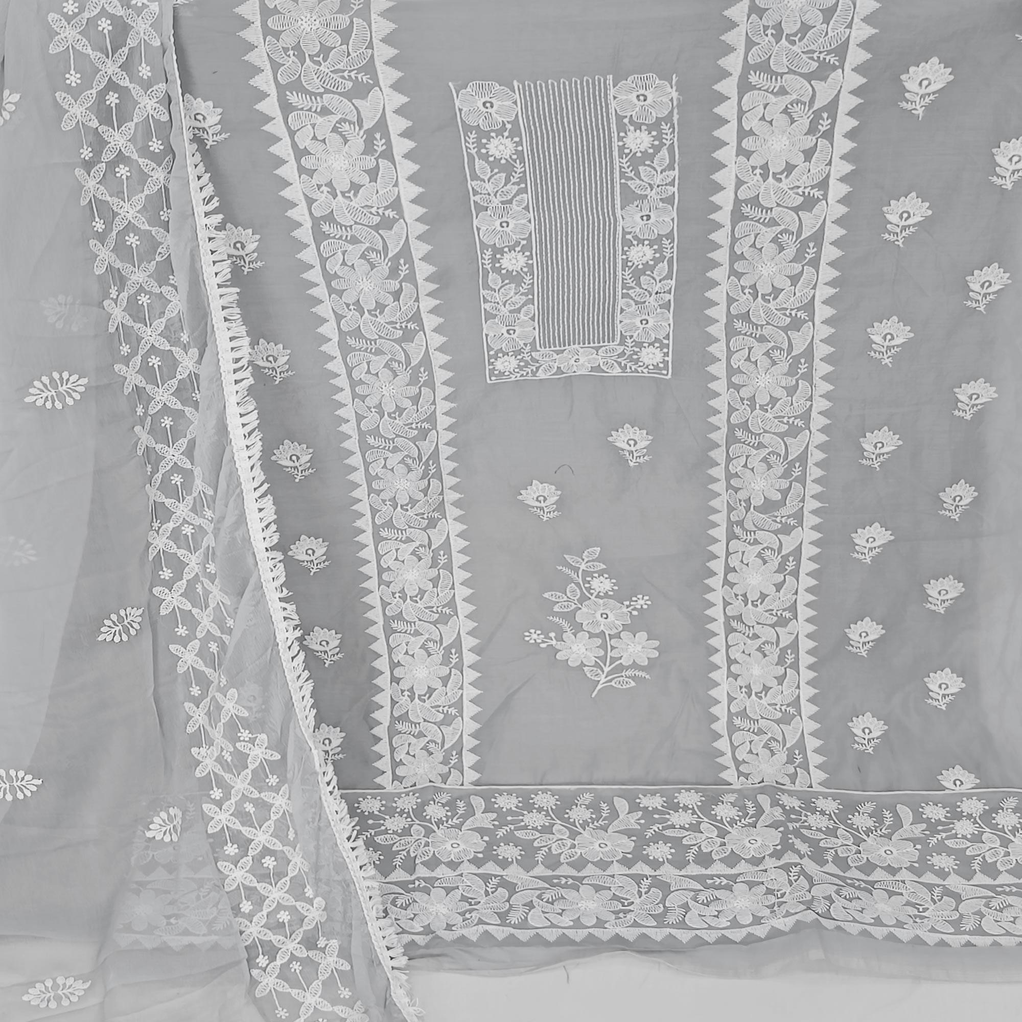 Grey Floral Embroidered Chanderi Dress Material - Peachmode