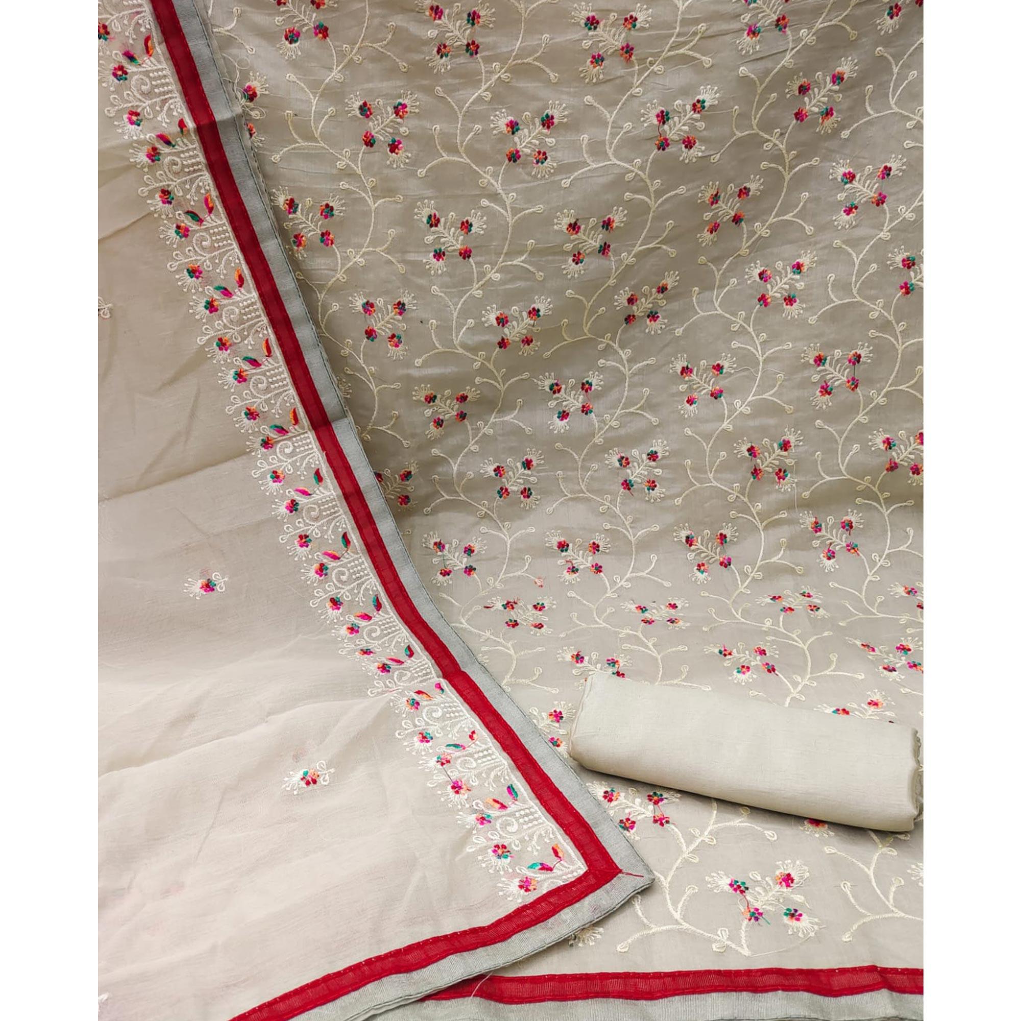 Grey Floral Embroidered Chanderi Dress Material - Peachmode
