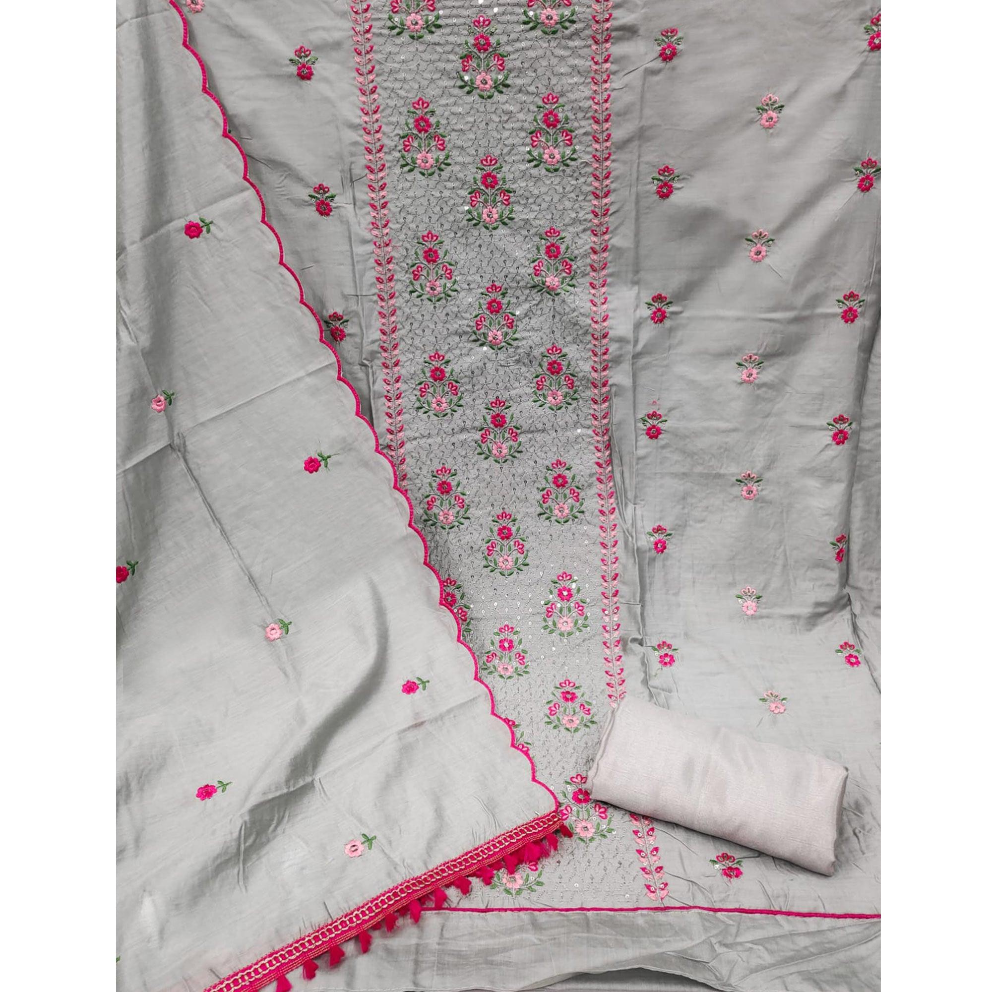 Grey Floral Embroidered Chanderi Dress Material - Peachmode