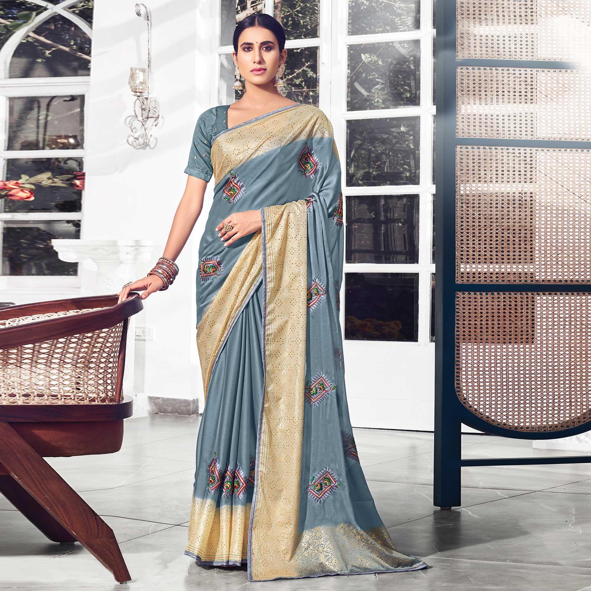 Grey Floral Embroidered Chiffon Saree - Peachmode