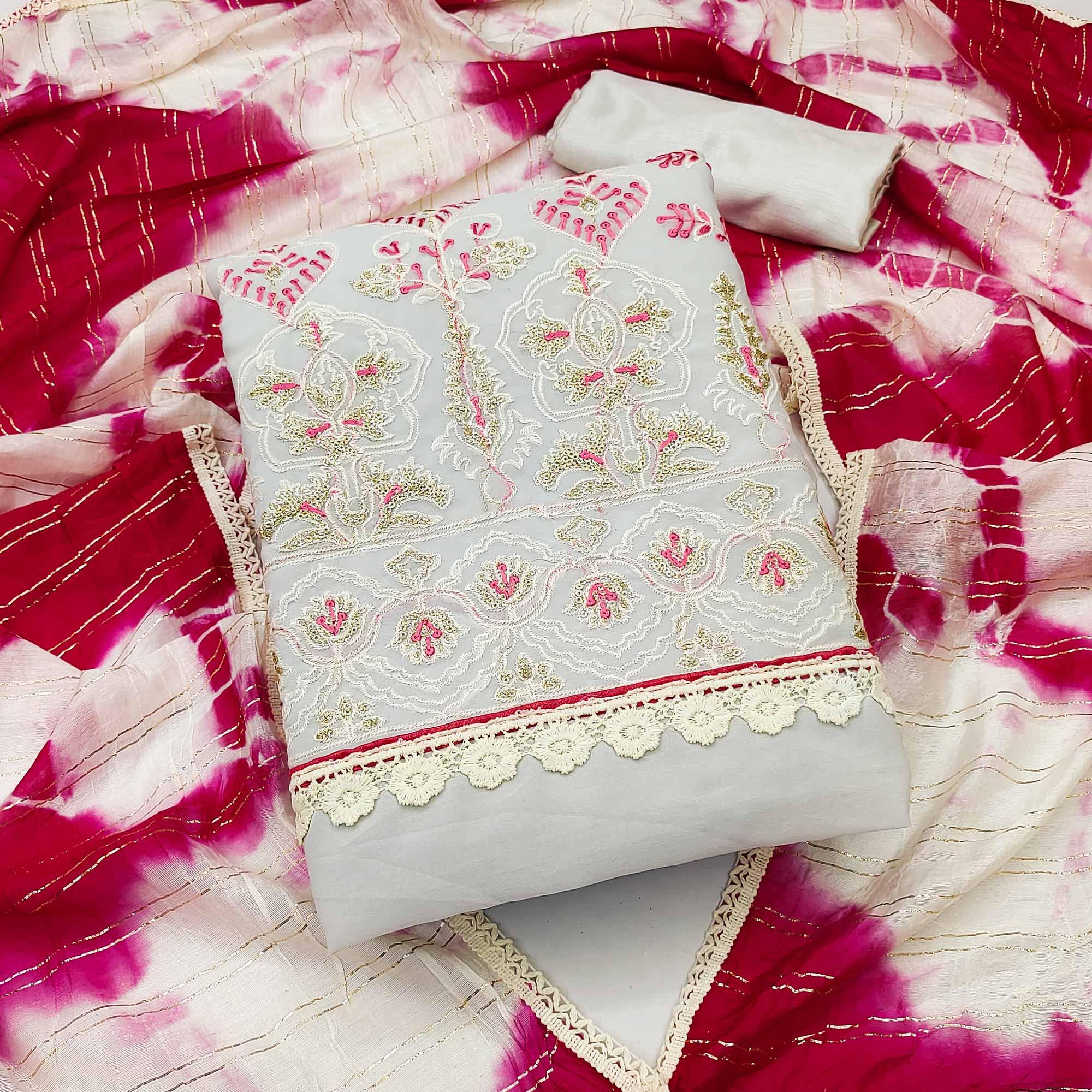 Grey Floral Embroidered Georgette Dress Material - Peachmode