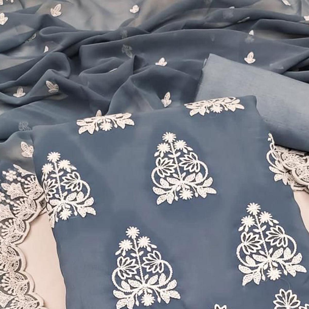 Grey Floral Embroidered Georgette Dress Material - Peachmode
