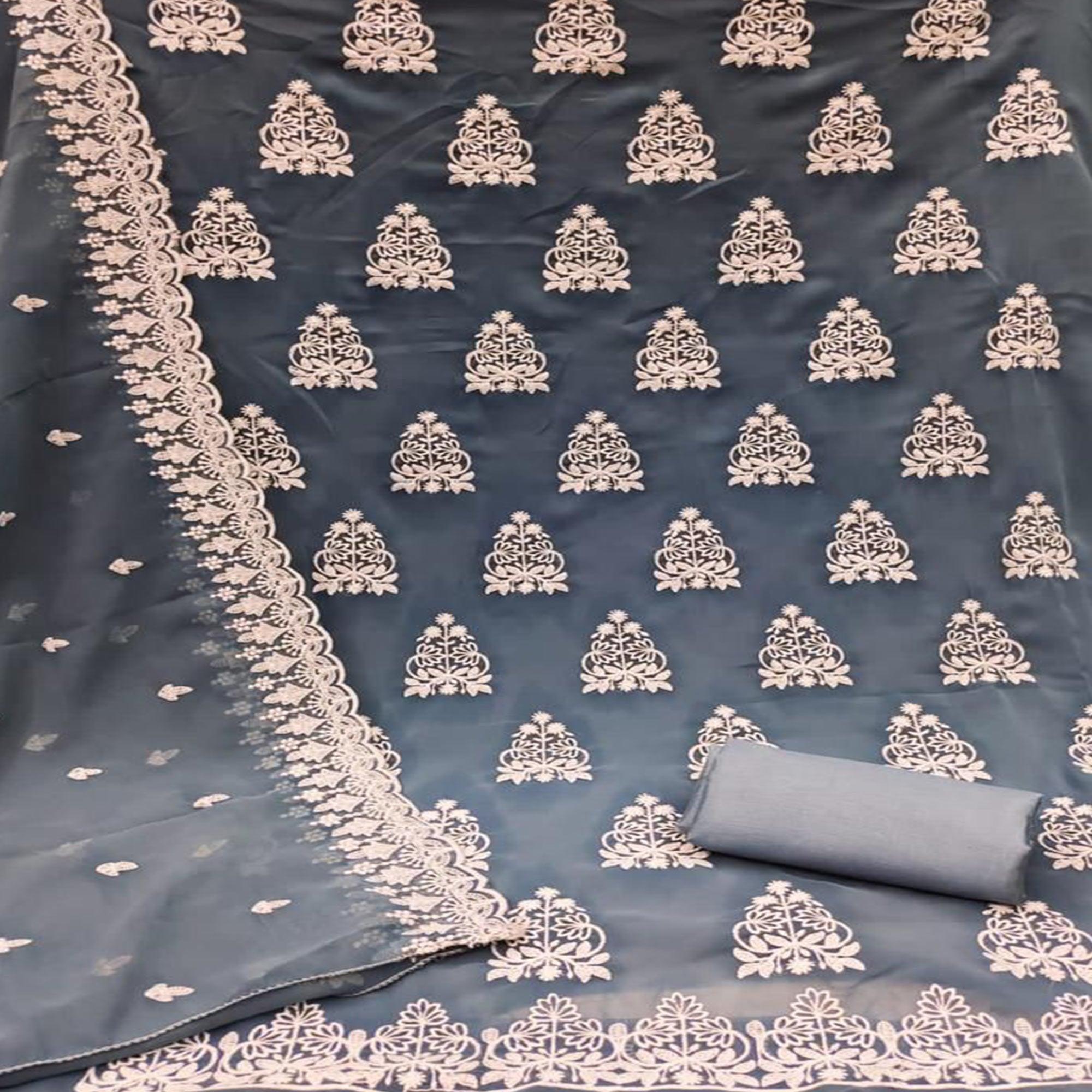 Grey Floral Embroidered Georgette Dress Material - Peachmode