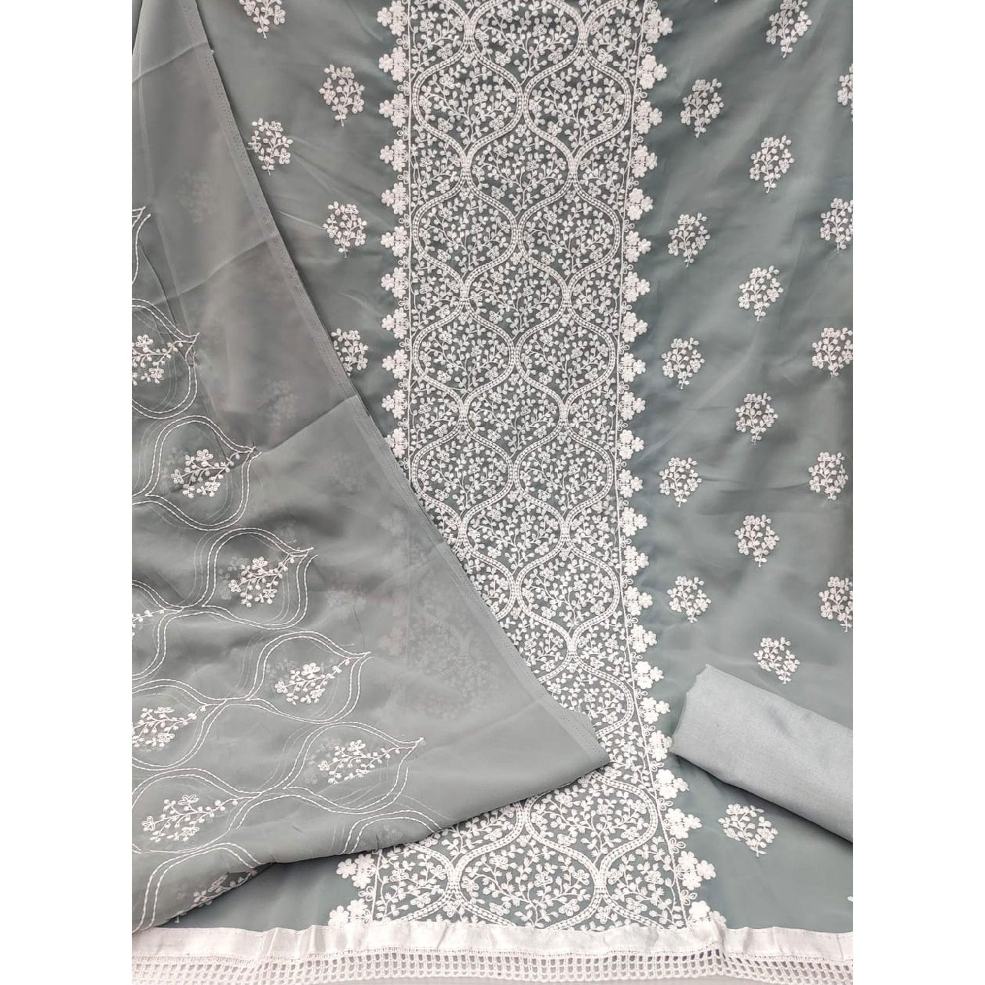 Grey Floral Embroidered Georgette Dress Material - Peachmode