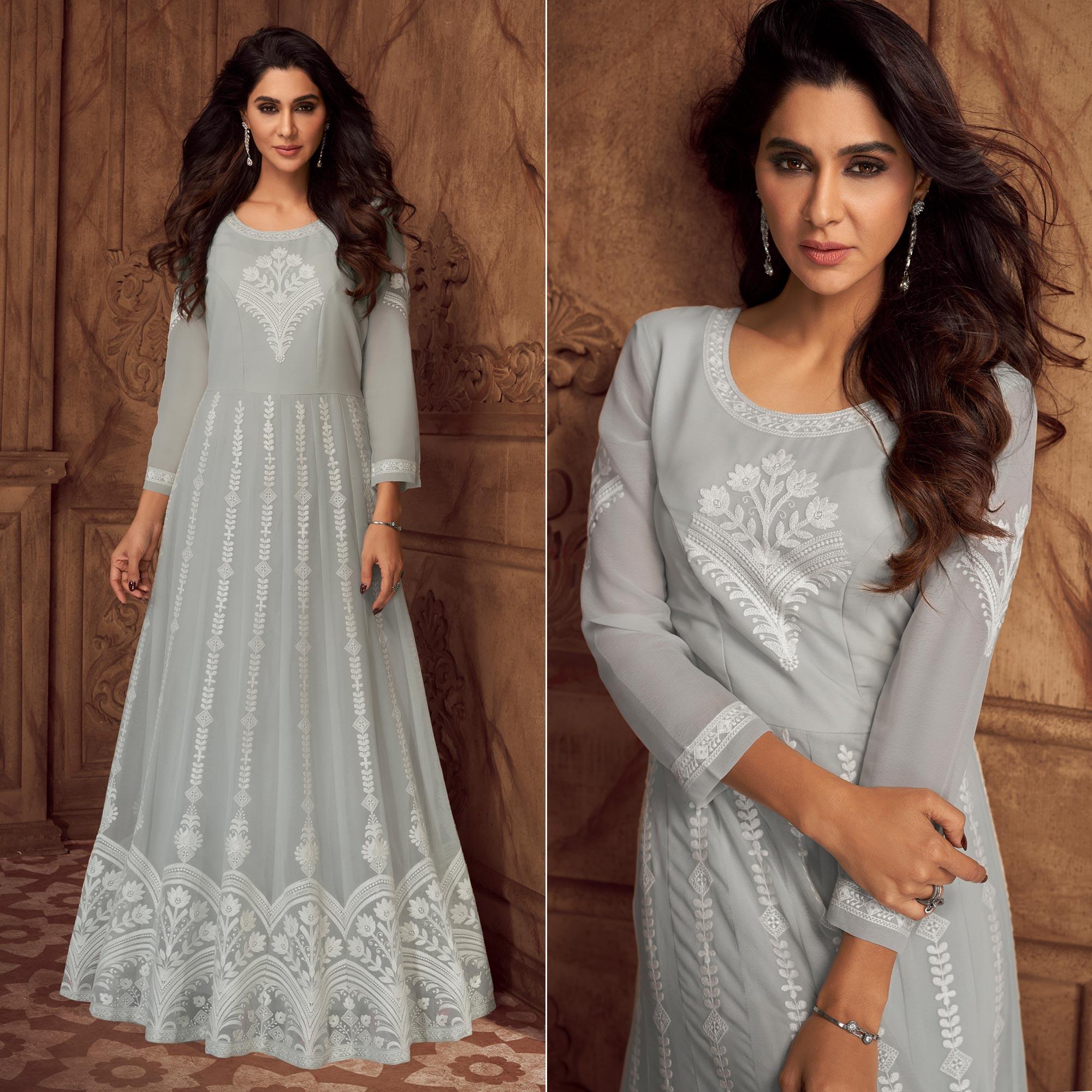 Grey Floral Embroidered Georgette Gown - Peachmode