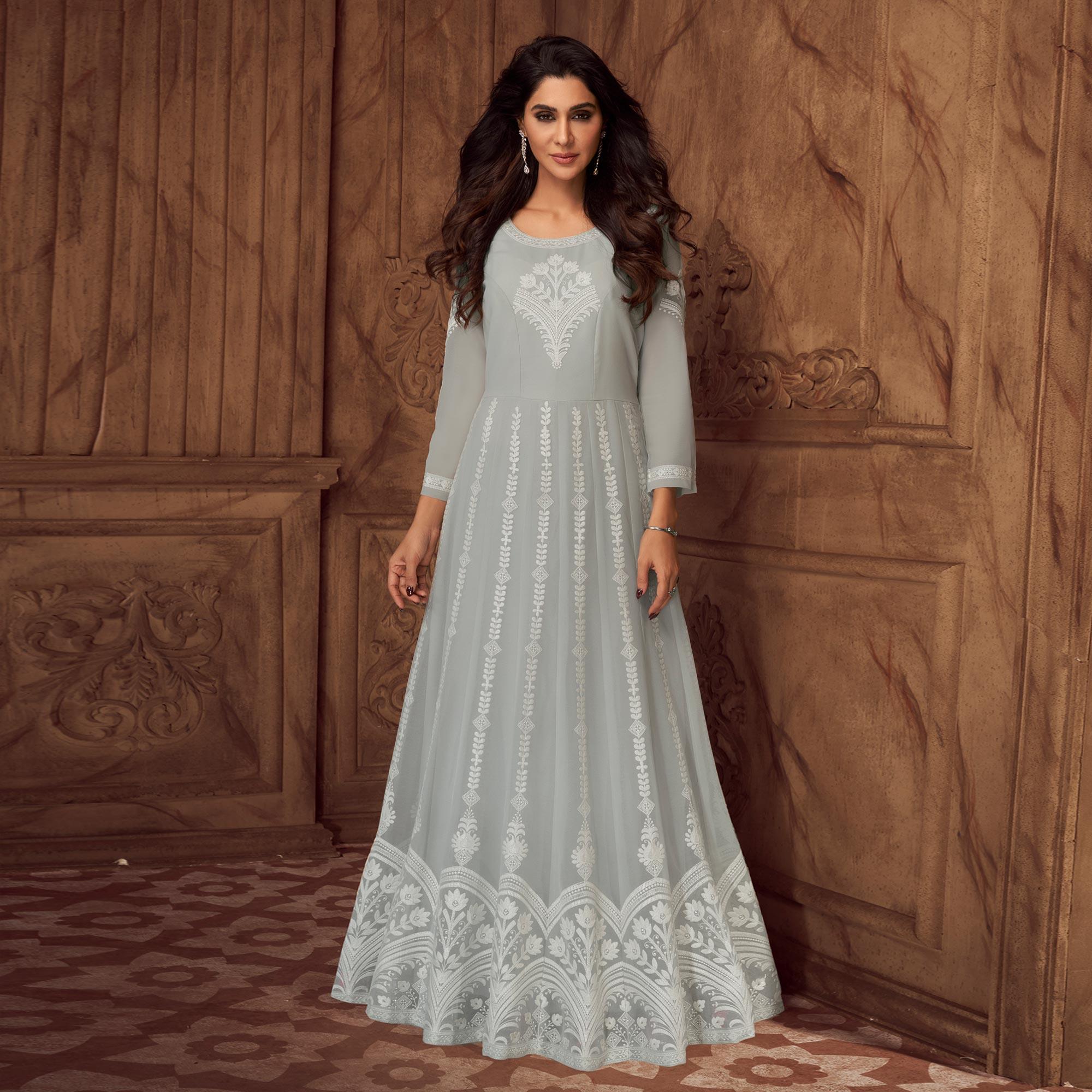 Grey Floral Embroidered Georgette Gown - Peachmode