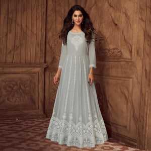 Grey Floral Embroidered Georgette Gown - Peachmode