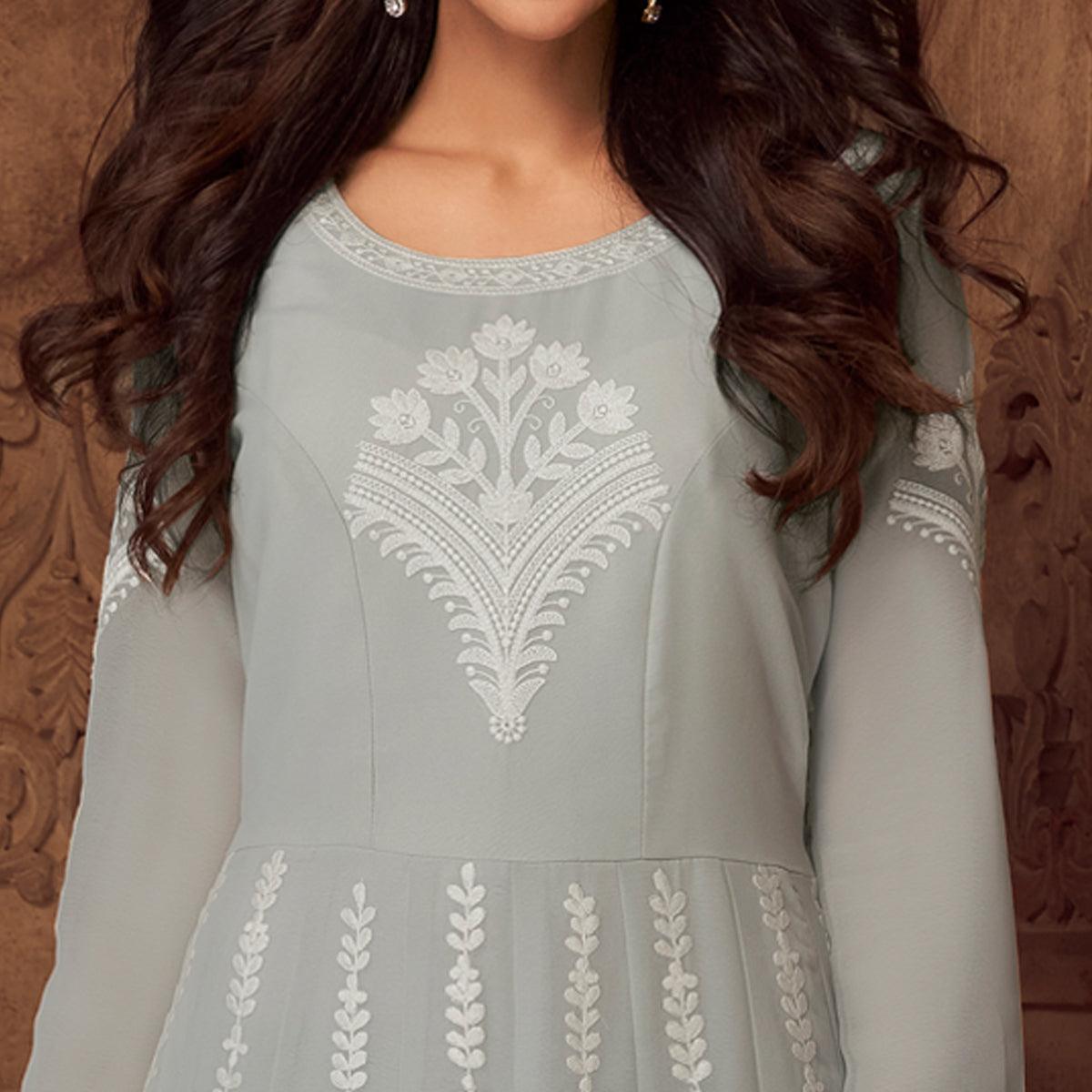 Grey Floral Embroidered Georgette Gown - Peachmode