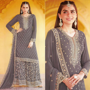 Grey Floral Embroidered Georgette Sharara Suit - Peachmode