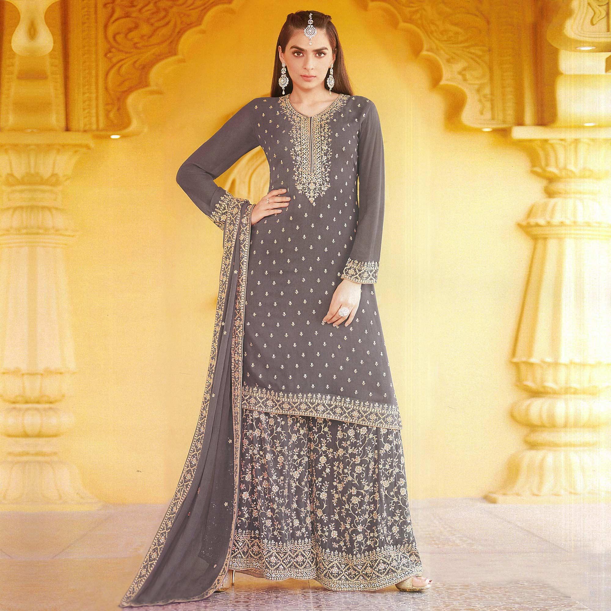 Grey Floral Embroidered Georgette Sharara Suit - Peachmode