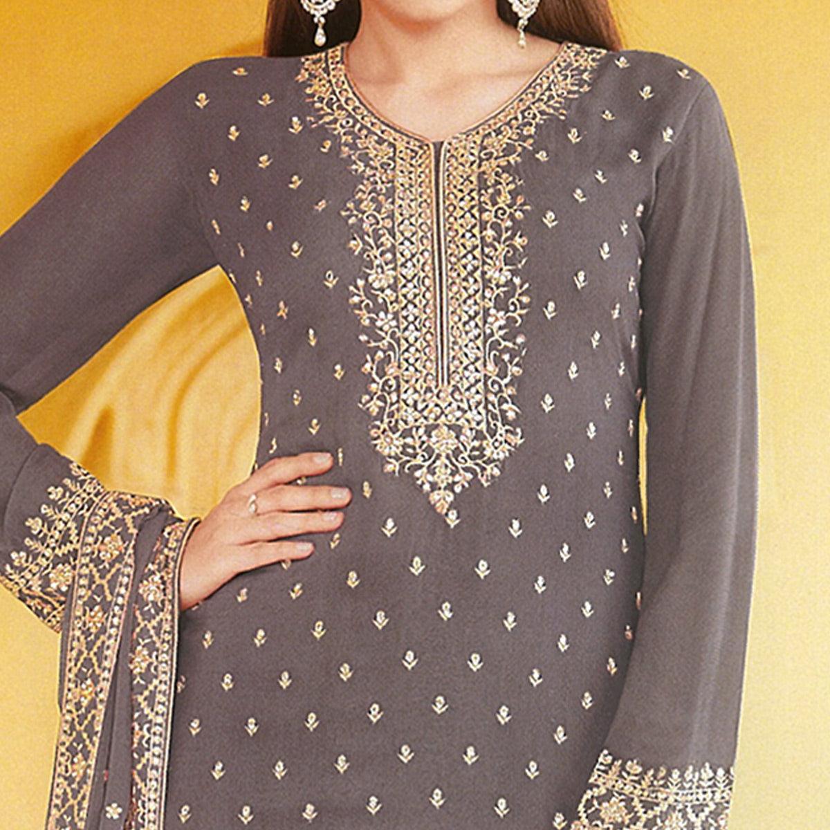 Grey Floral Embroidered Georgette Sharara Suit - Peachmode