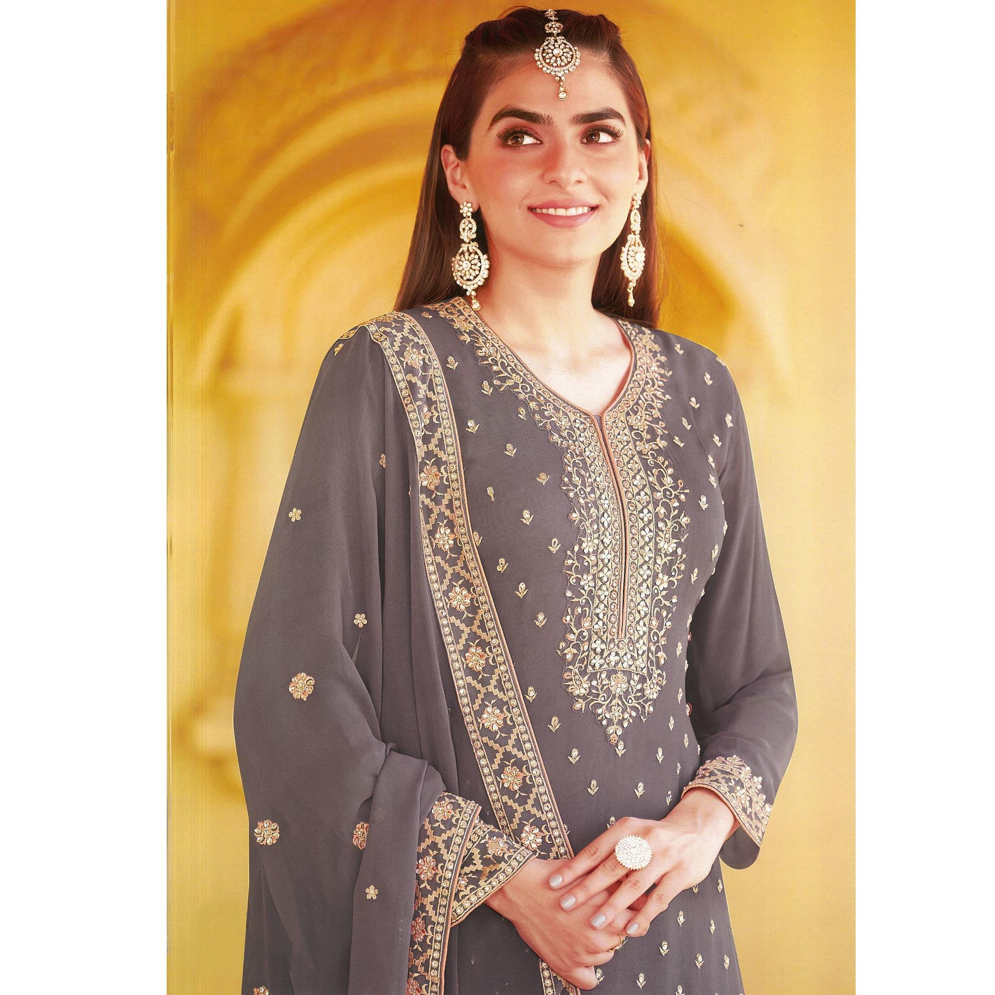 Grey Floral Embroidered Georgette Sharara Suit - Peachmode