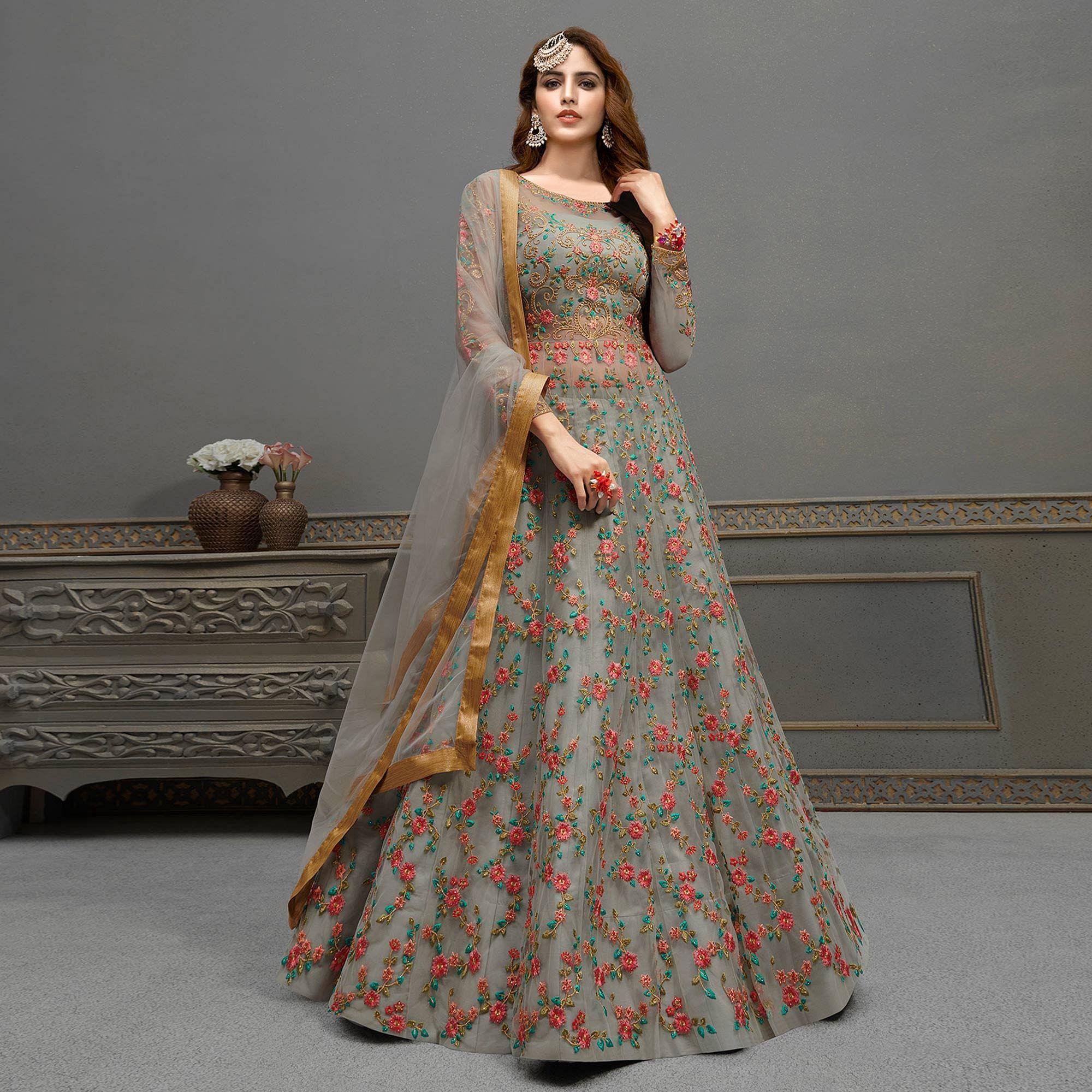 Grey Floral Embroidered Handwork Net Gown - Peachmode