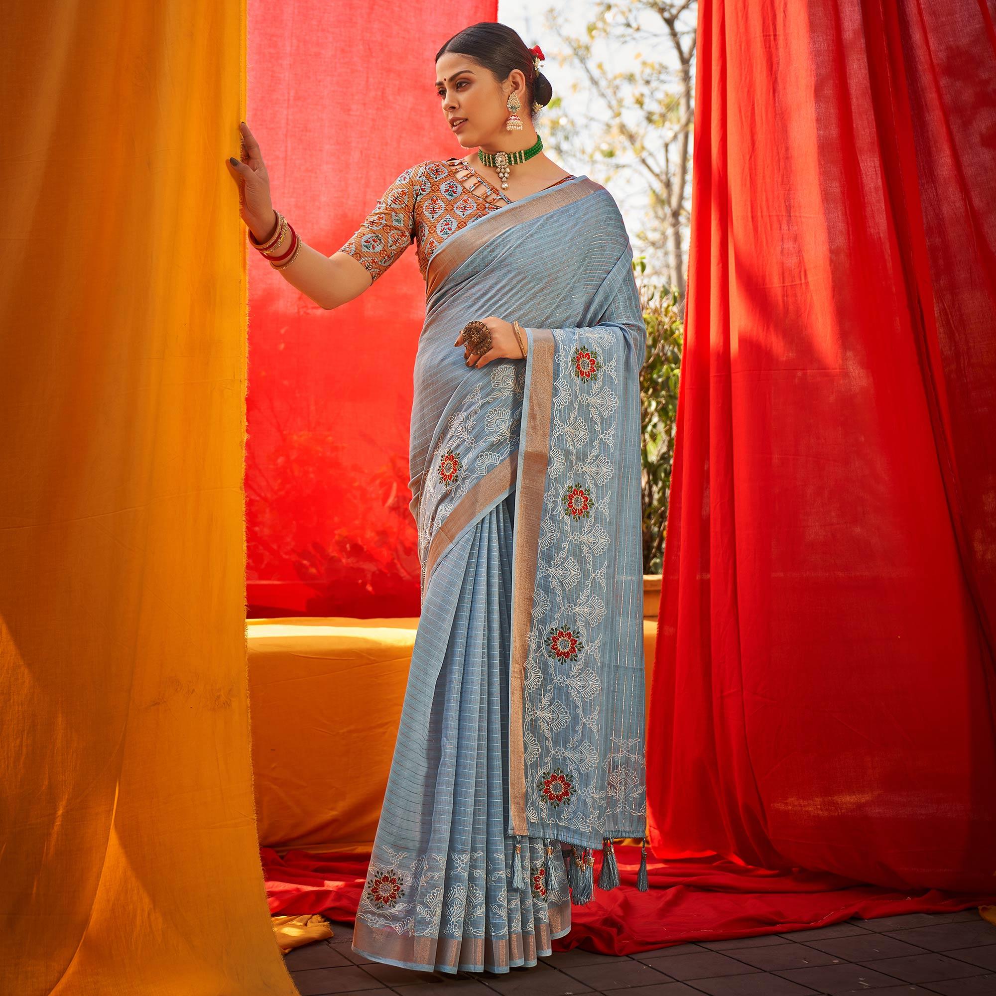 Grey Floral Embroidered Linen Saree - Peachmode