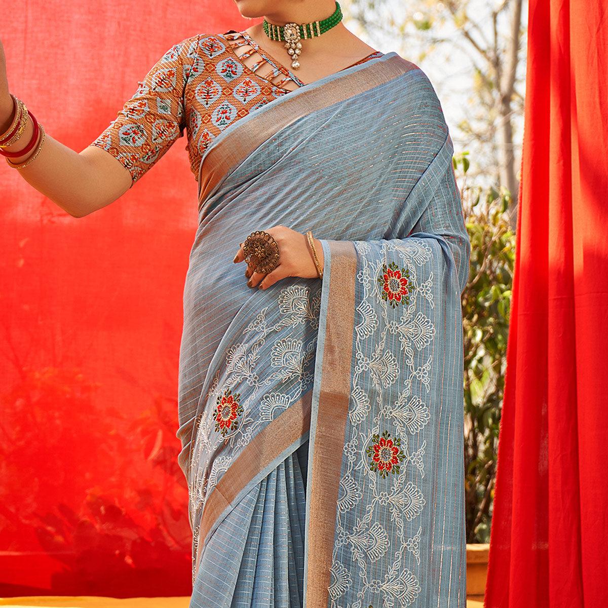 Grey Floral Embroidered Linen Saree - Peachmode
