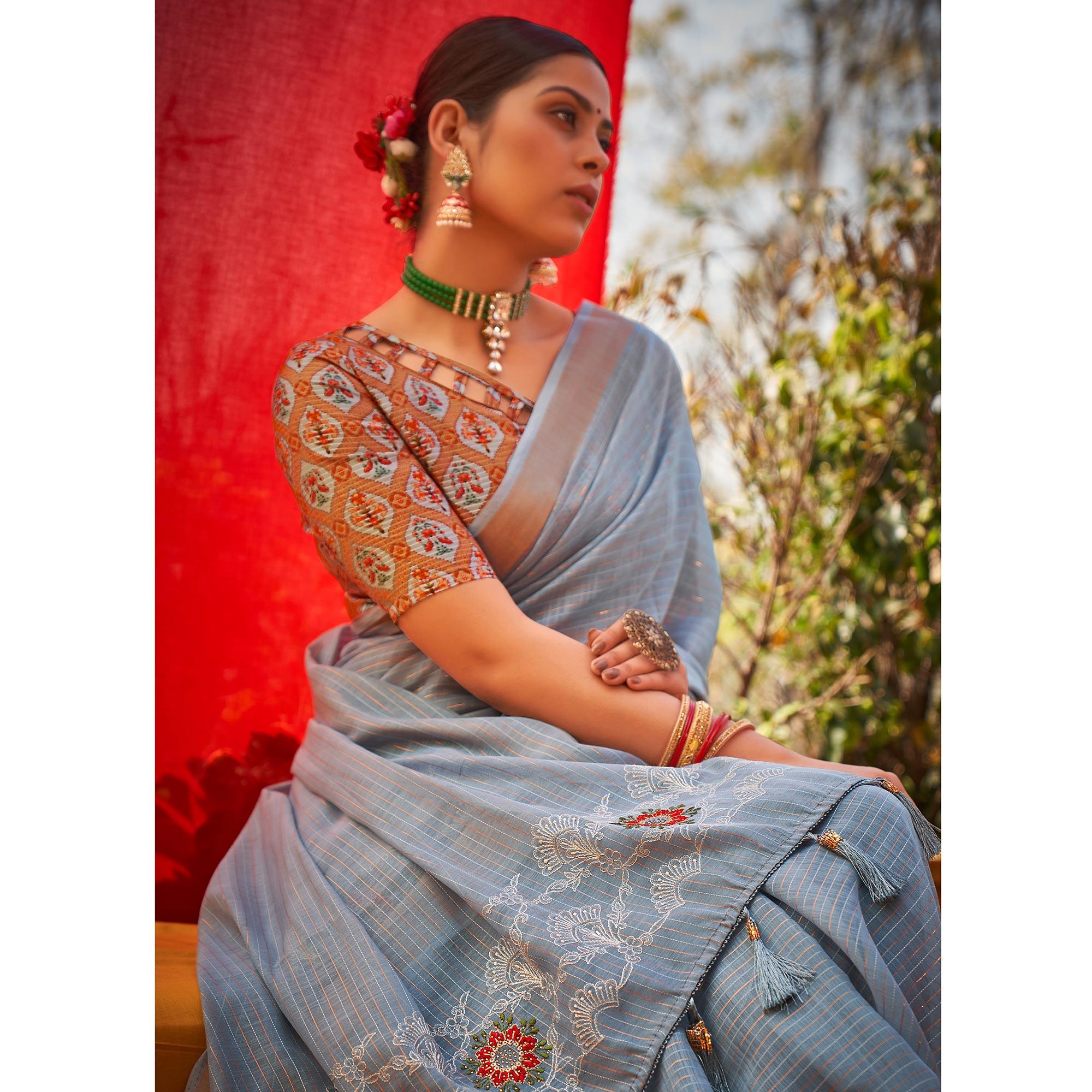 Grey Floral Embroidered Linen Saree - Peachmode