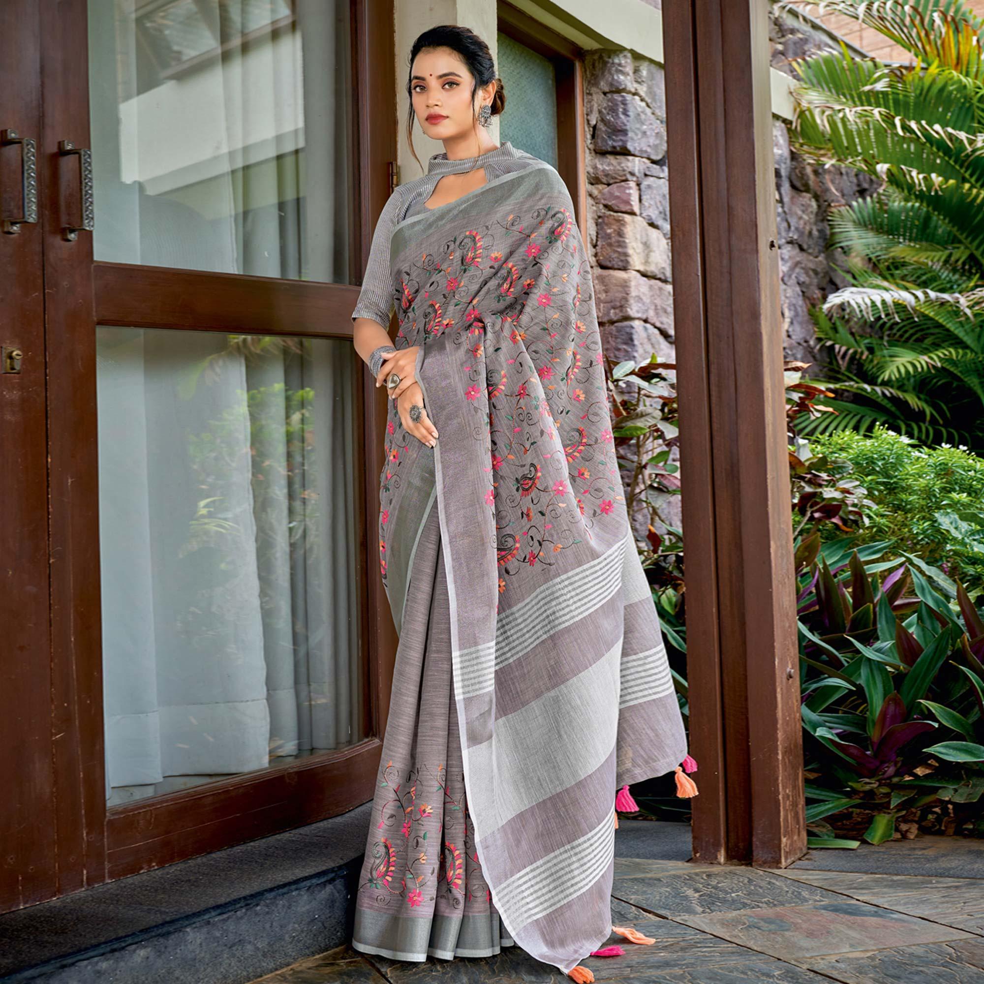Grey Floral Embroidered Linen Saree With Tassels - Peachmode