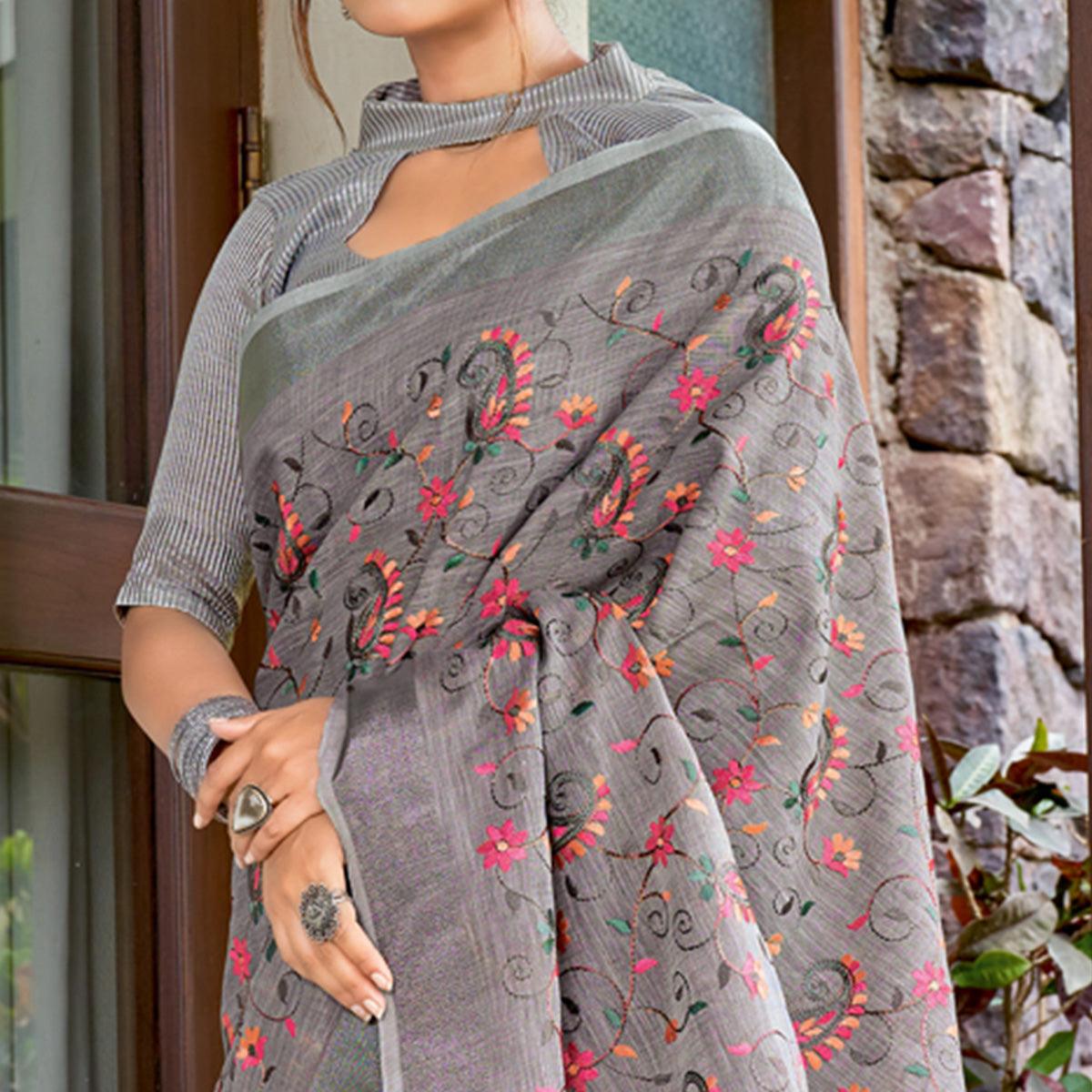 Grey Floral Embroidered Linen Saree With Tassels - Peachmode