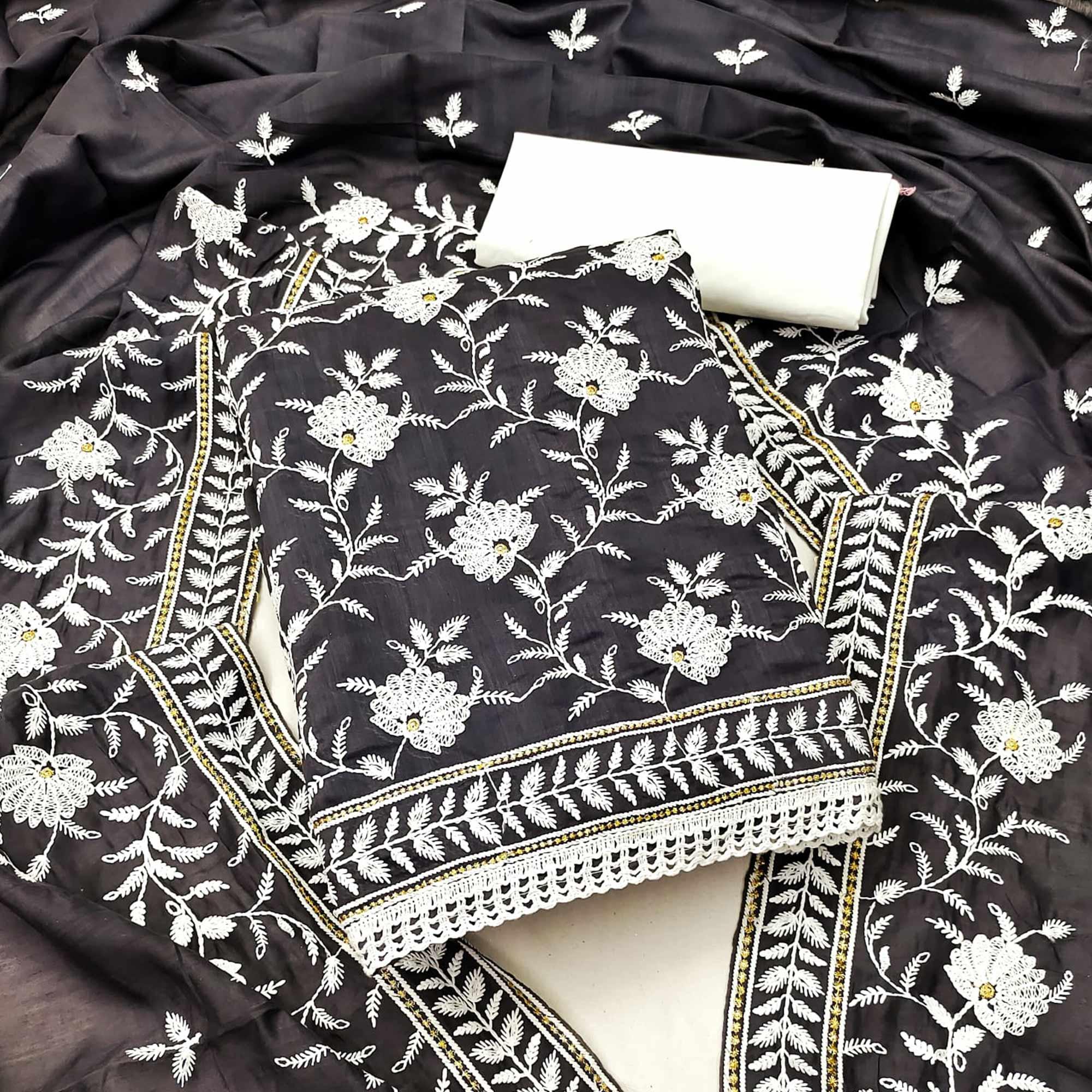 Grey Floral Embroidered Muslin Dress Material - Peachmode