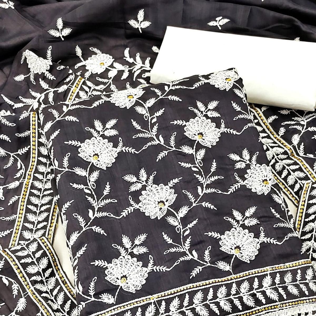 Grey Floral Embroidered Muslin Dress Material - Peachmode