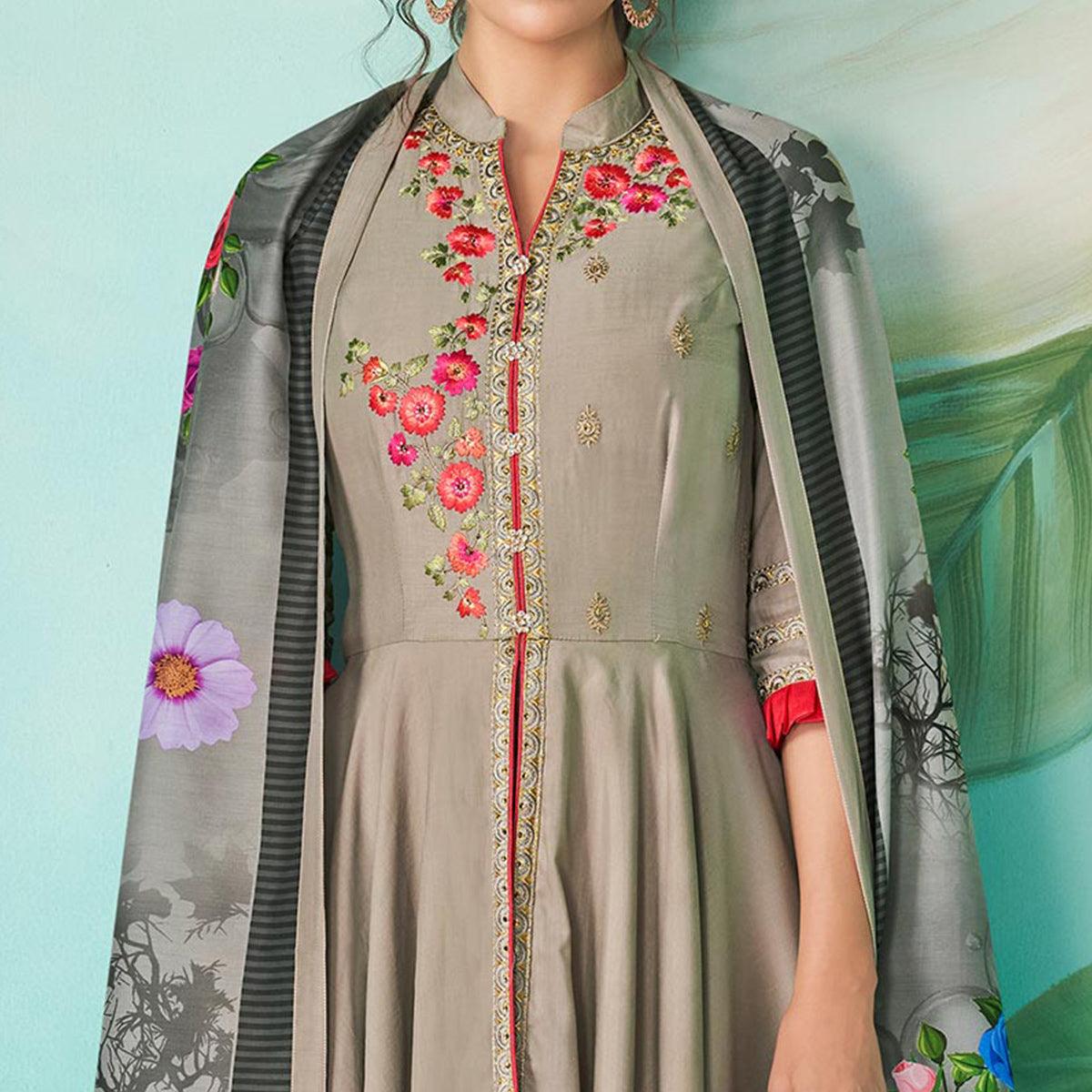Grey Floral Embroidered Muslin Kurti Palazzo Set With Dupatta - Peachmode