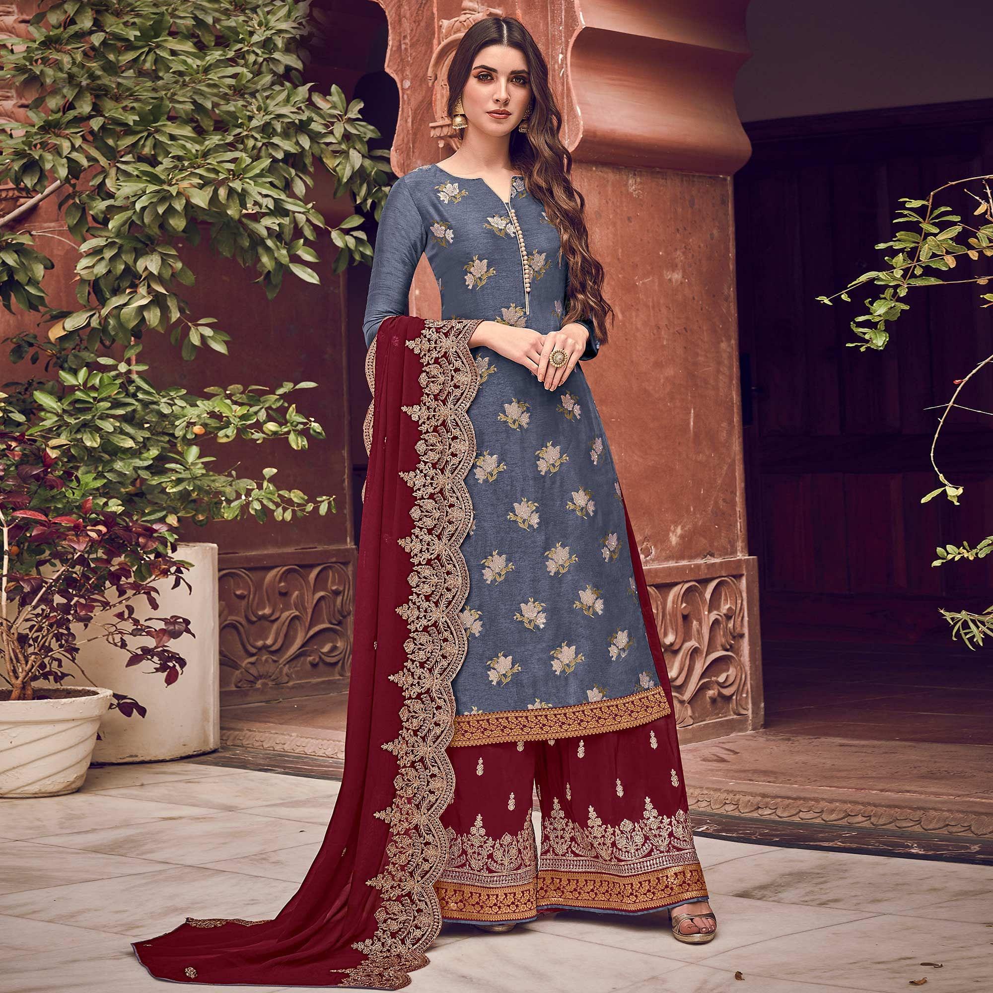 Grey Floral Embroidered Pure Dola Jacquard Partywear Suit - Peachmode
