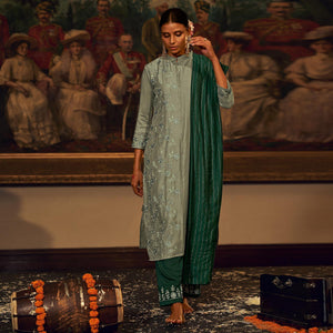 Grey Floral Embroidered Pure Viscose Silk Partywear Suit - Peachmode