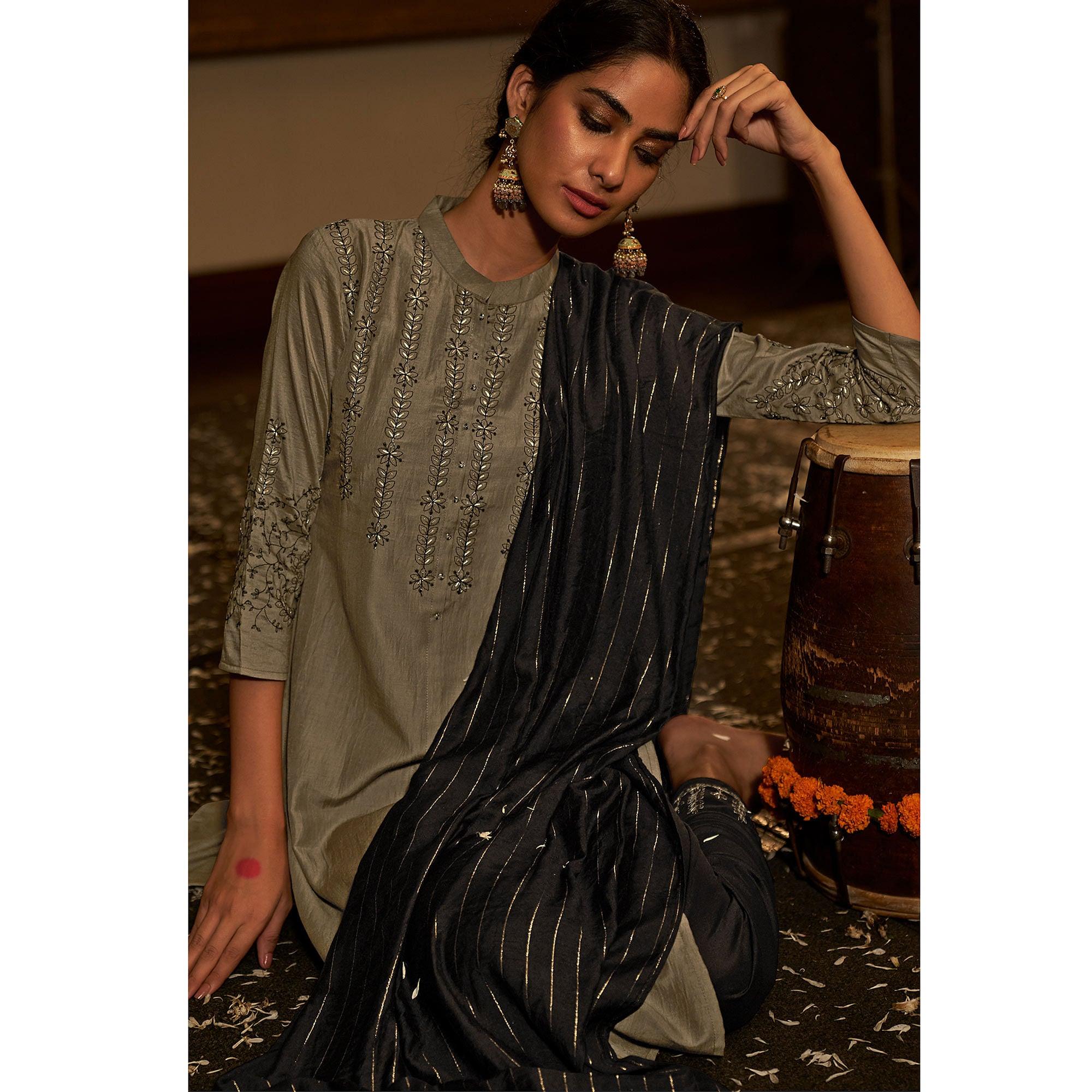 Grey Floral Embroidered Pure Viscose Silk Partywear Suit - Peachmode