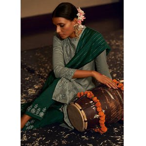 Grey Floral Embroidered Pure Viscose Silk Partywear Suit - Peachmode