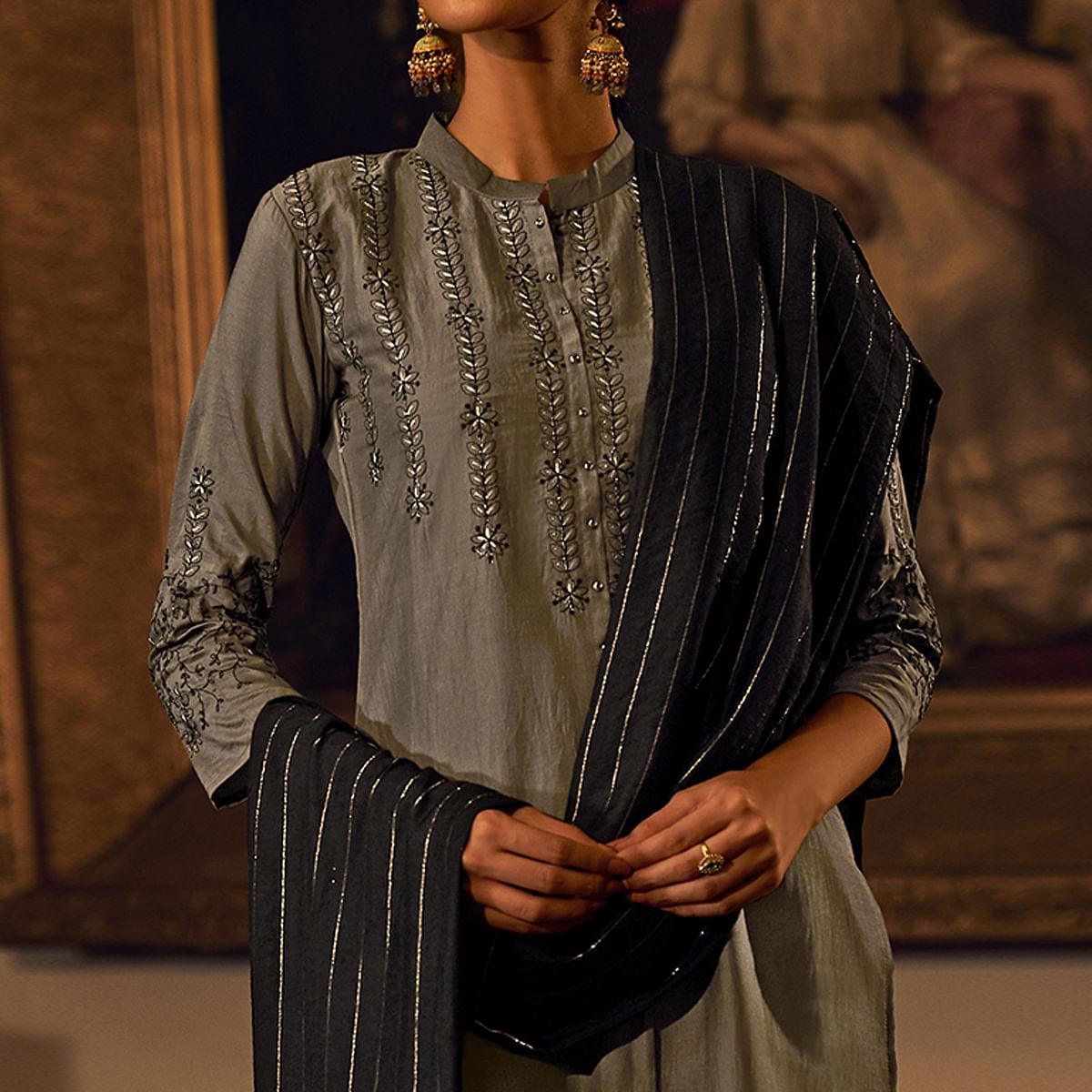 Grey Floral Embroidered Pure Viscose Silk Partywear Suit - Peachmode