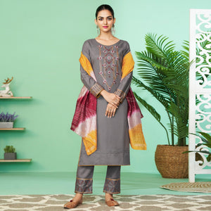 Grey Floral Embroidered Rayon Kurti Pant Set - Peachmode