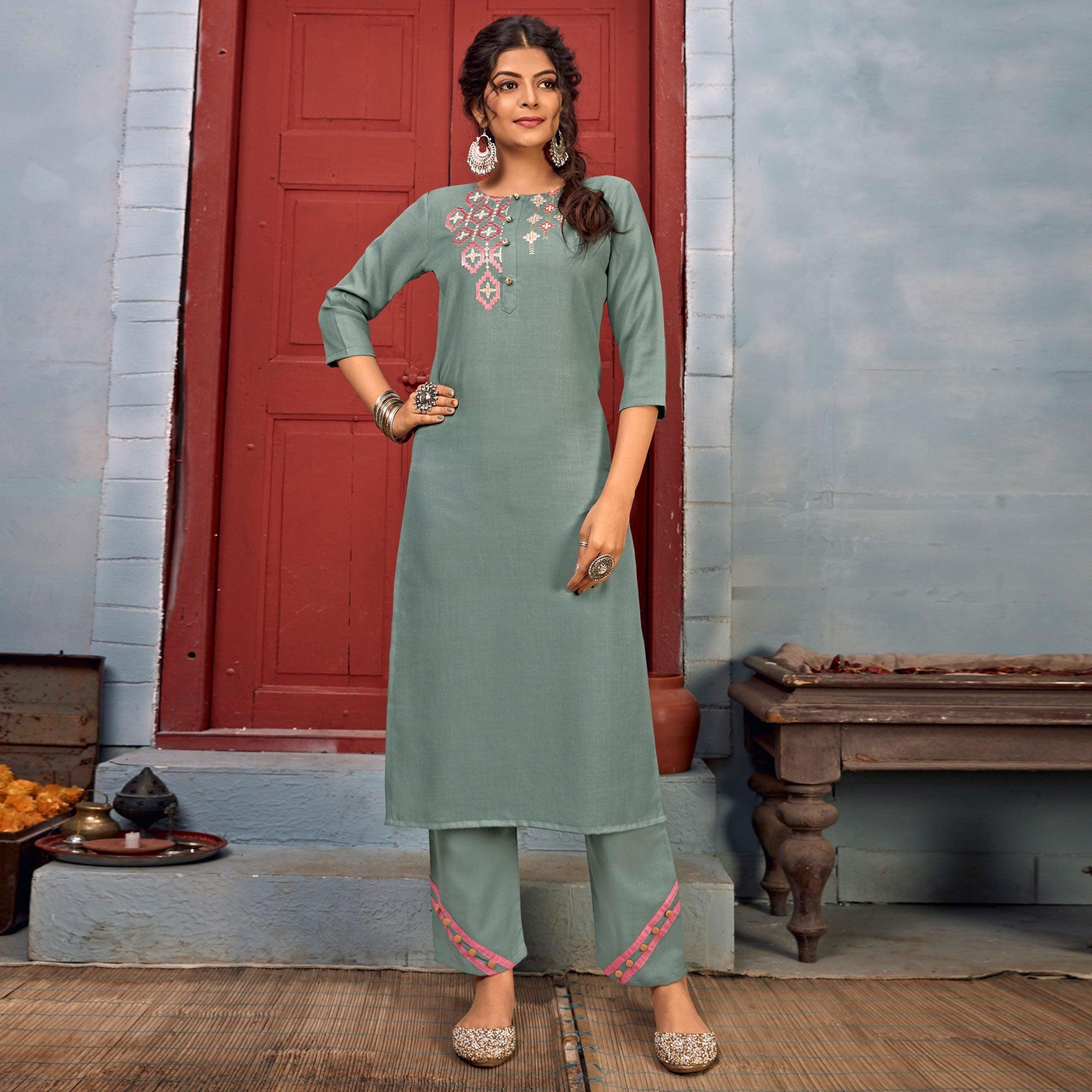 Grey Floral Embroidered Rayon Kurti Pant Set - Peachmode