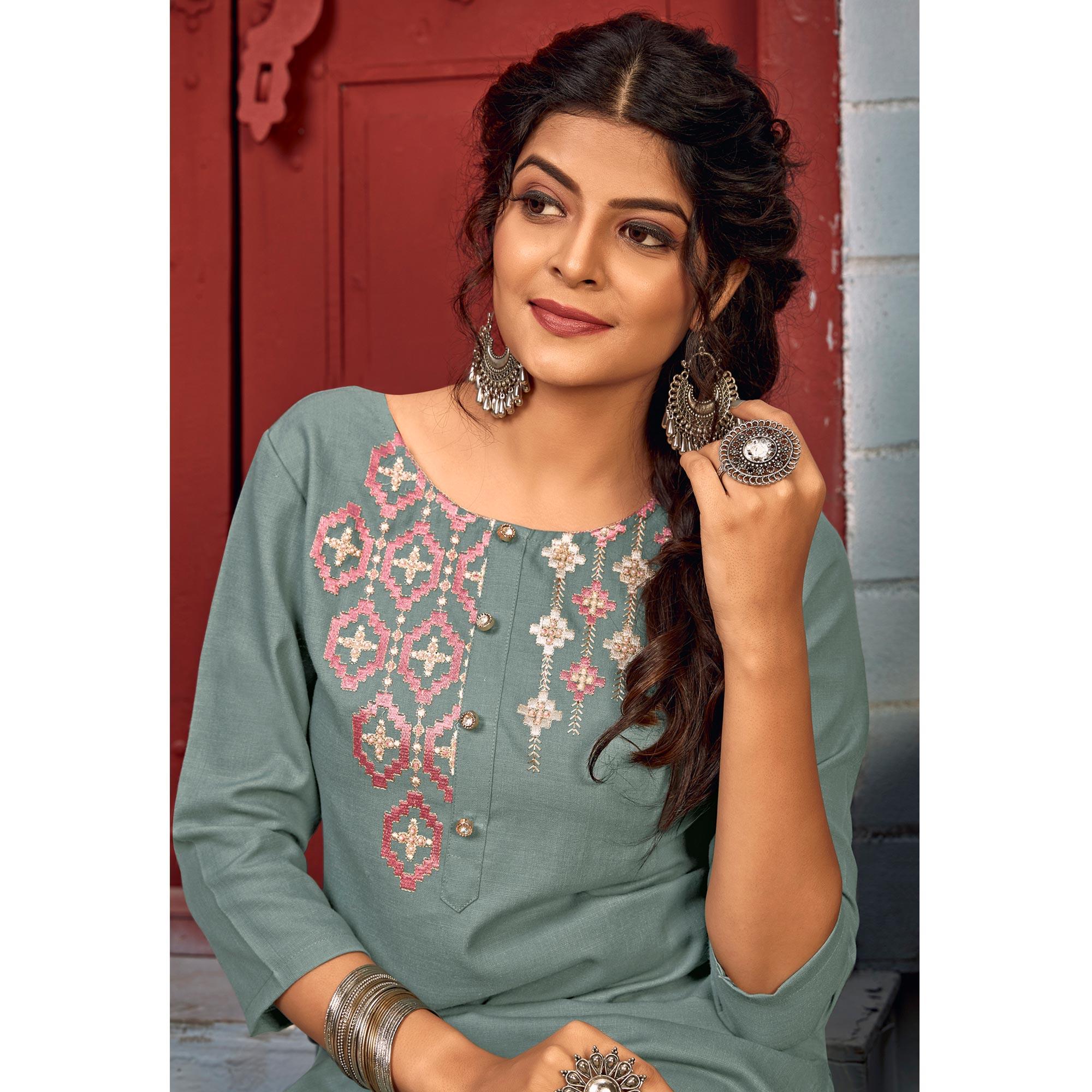 Grey Floral Embroidered Rayon Kurti Pant Set - Peachmode