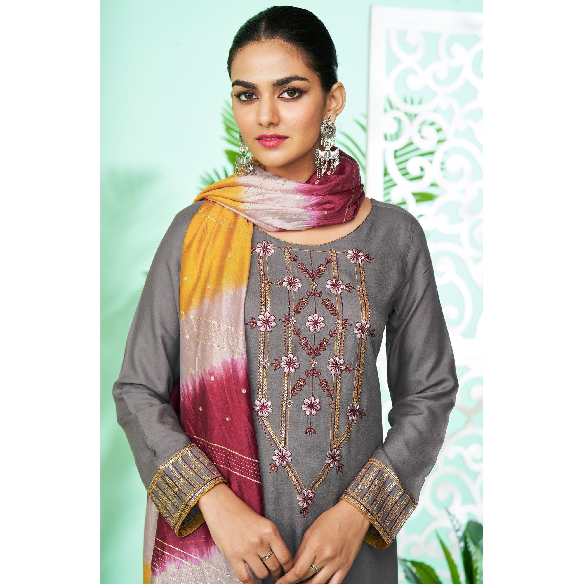Grey Floral Embroidered Rayon Kurti Pant Set - Peachmode