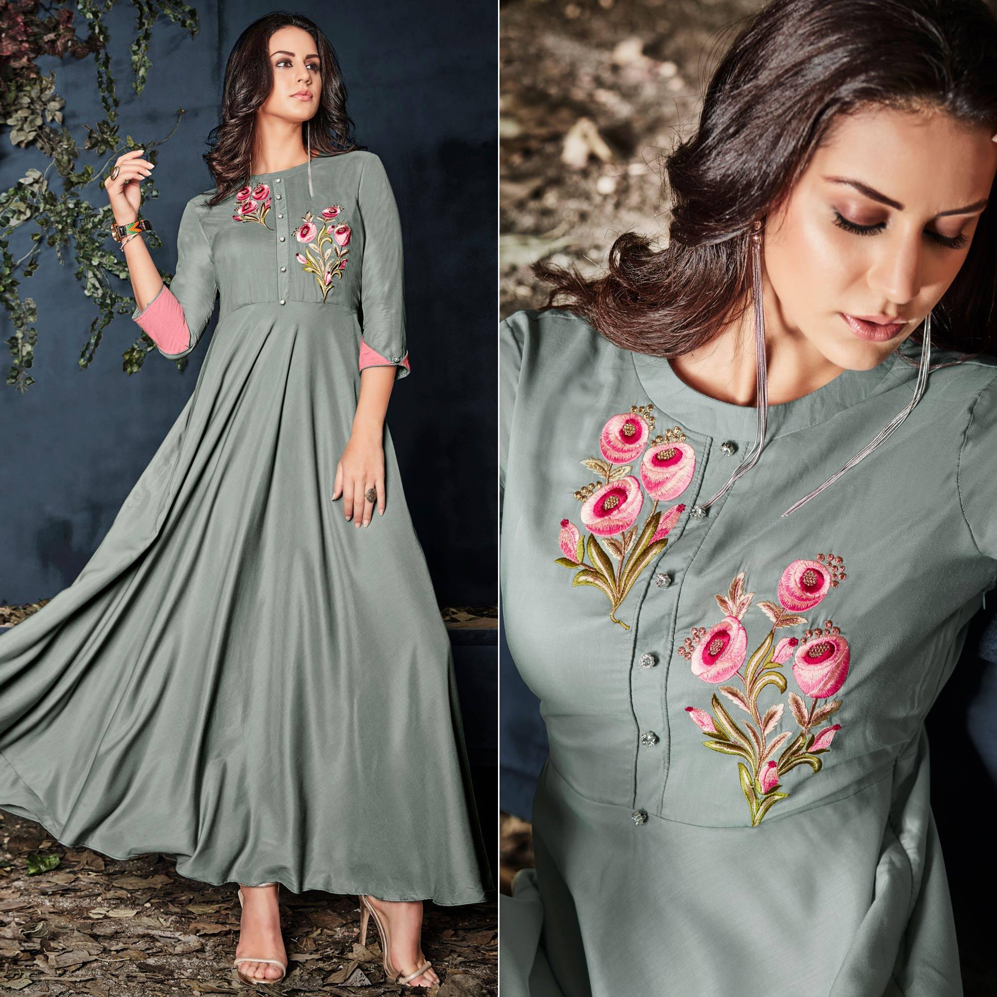 Grey Floral Embroidered Rayon Long Kurti - Peachmode