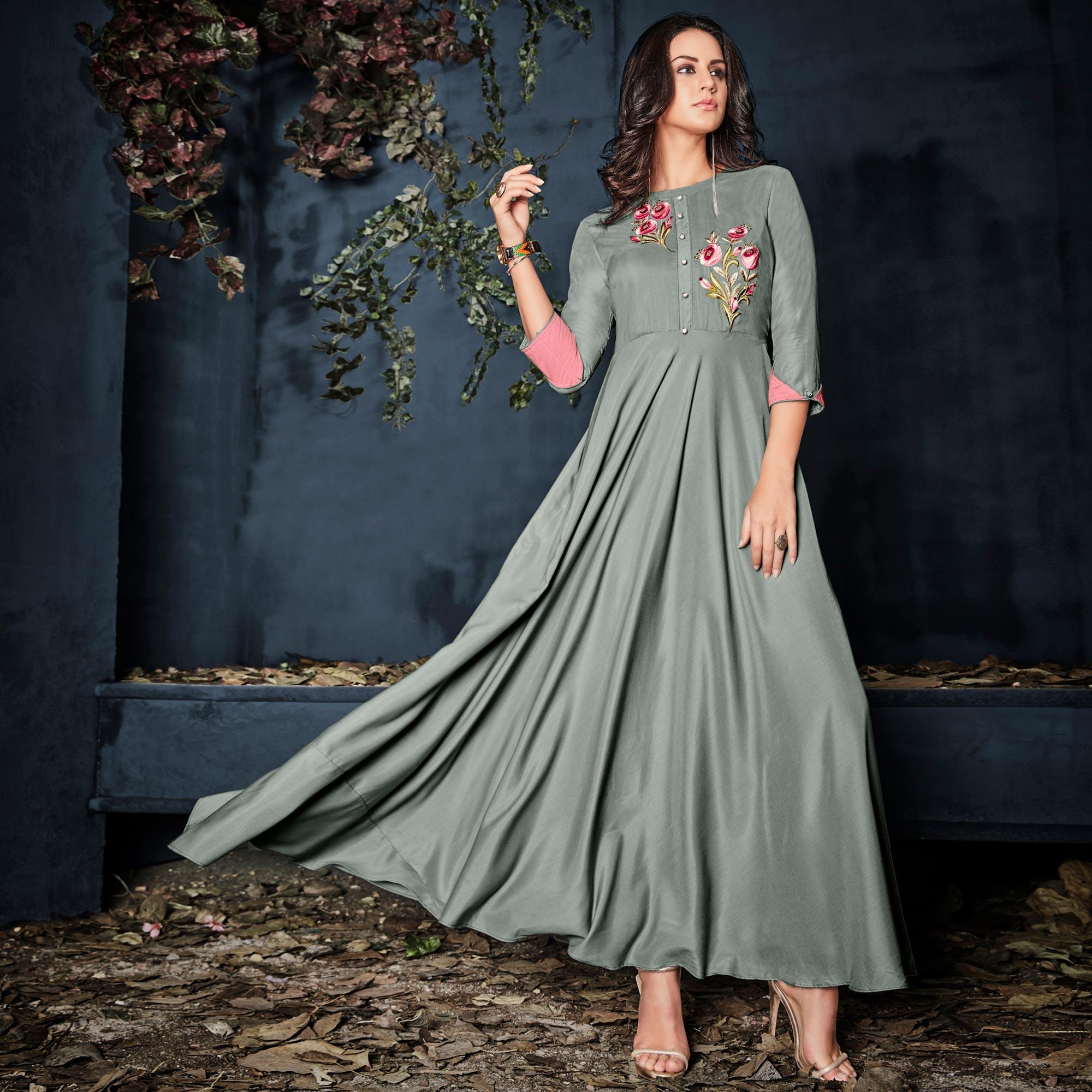 Grey Floral Embroidered Rayon Long Kurti - Peachmode