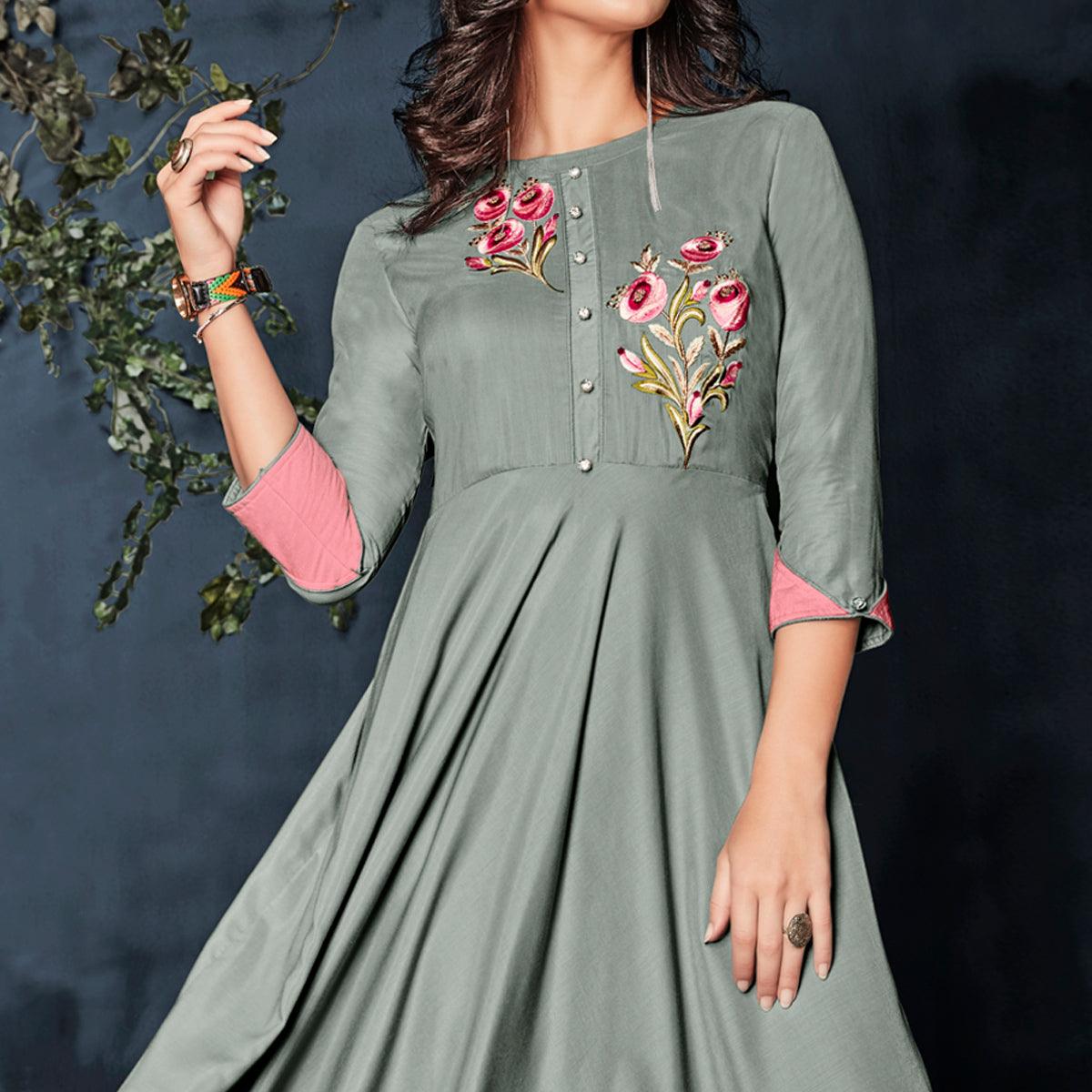 Grey Floral Embroidered Rayon Long Kurti - Peachmode