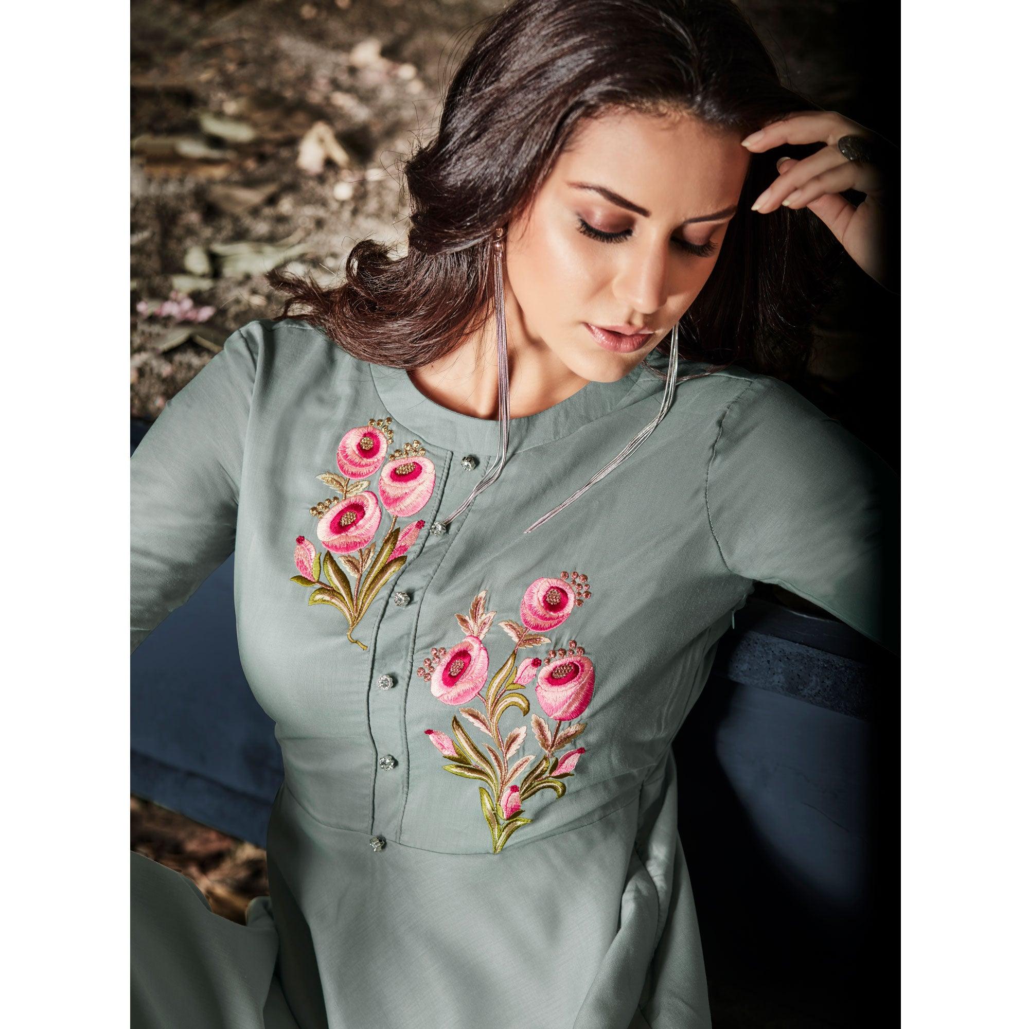 Grey Floral Embroidered Rayon Long Kurti - Peachmode