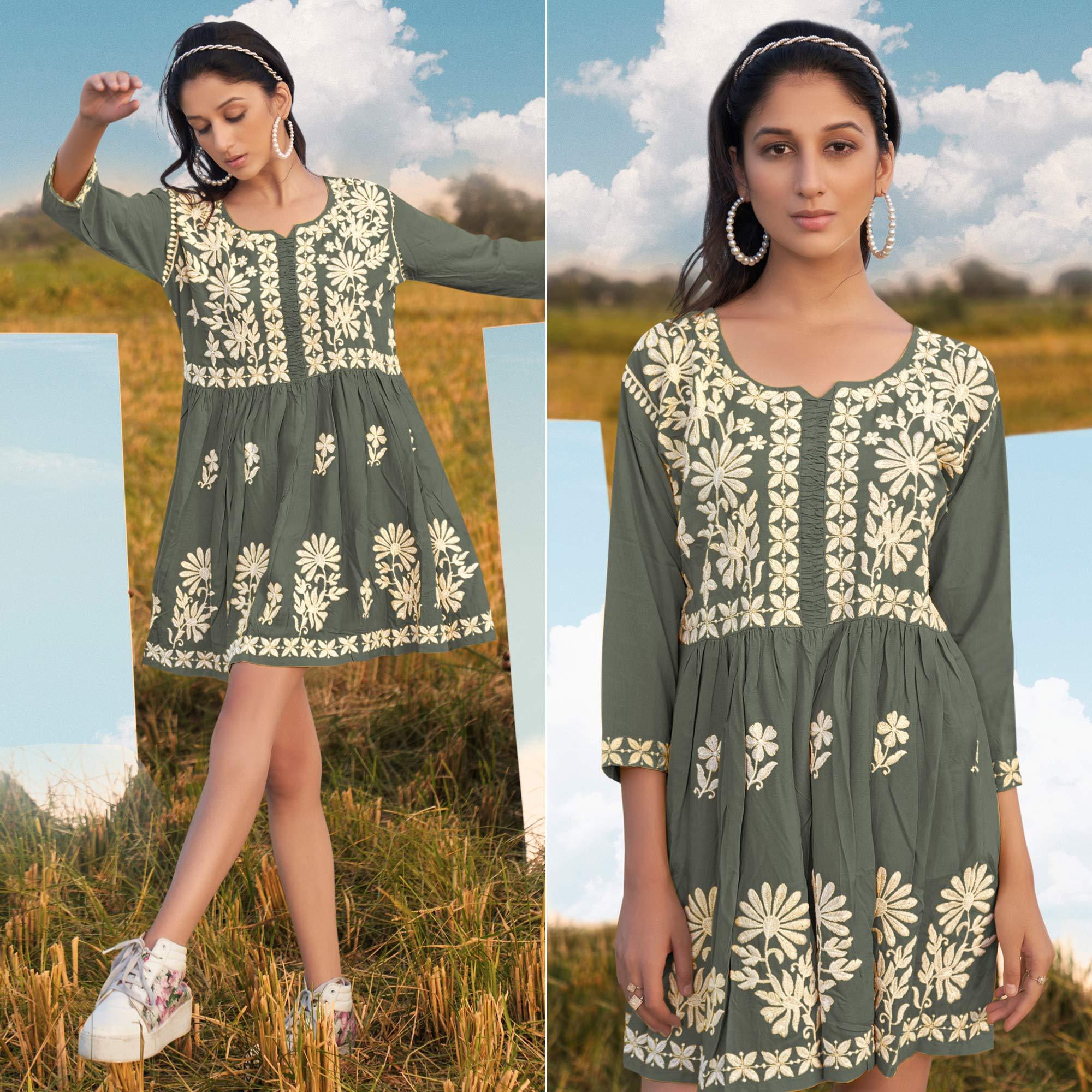 Grey Floral Embroidered Rayon Top - Peachmode