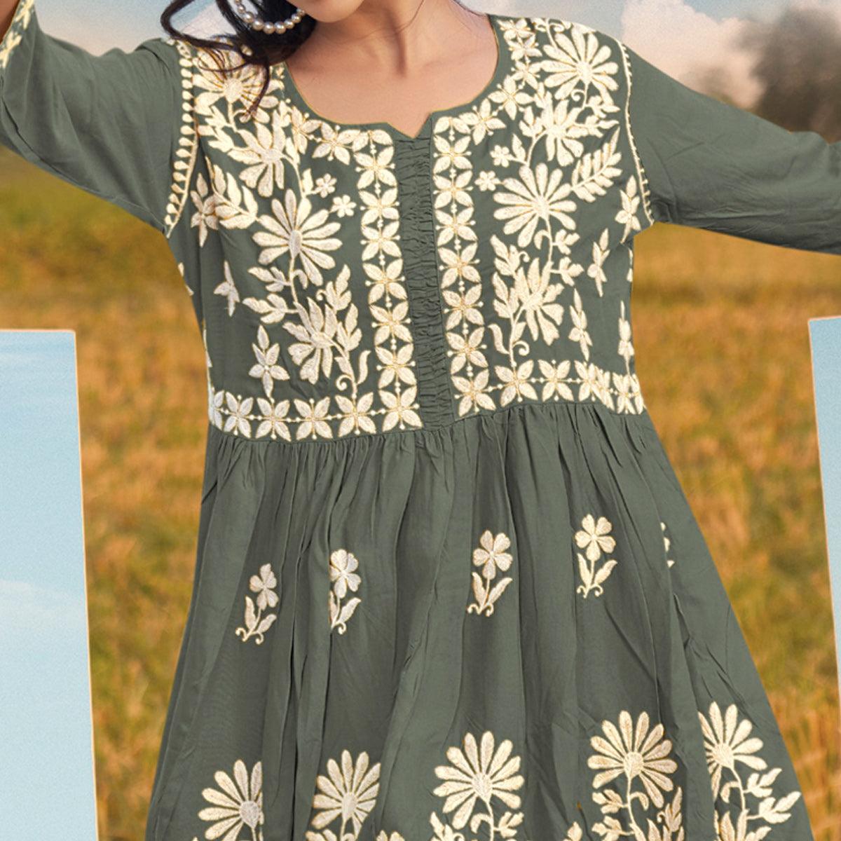 Grey Floral Embroidered Rayon Top - Peachmode