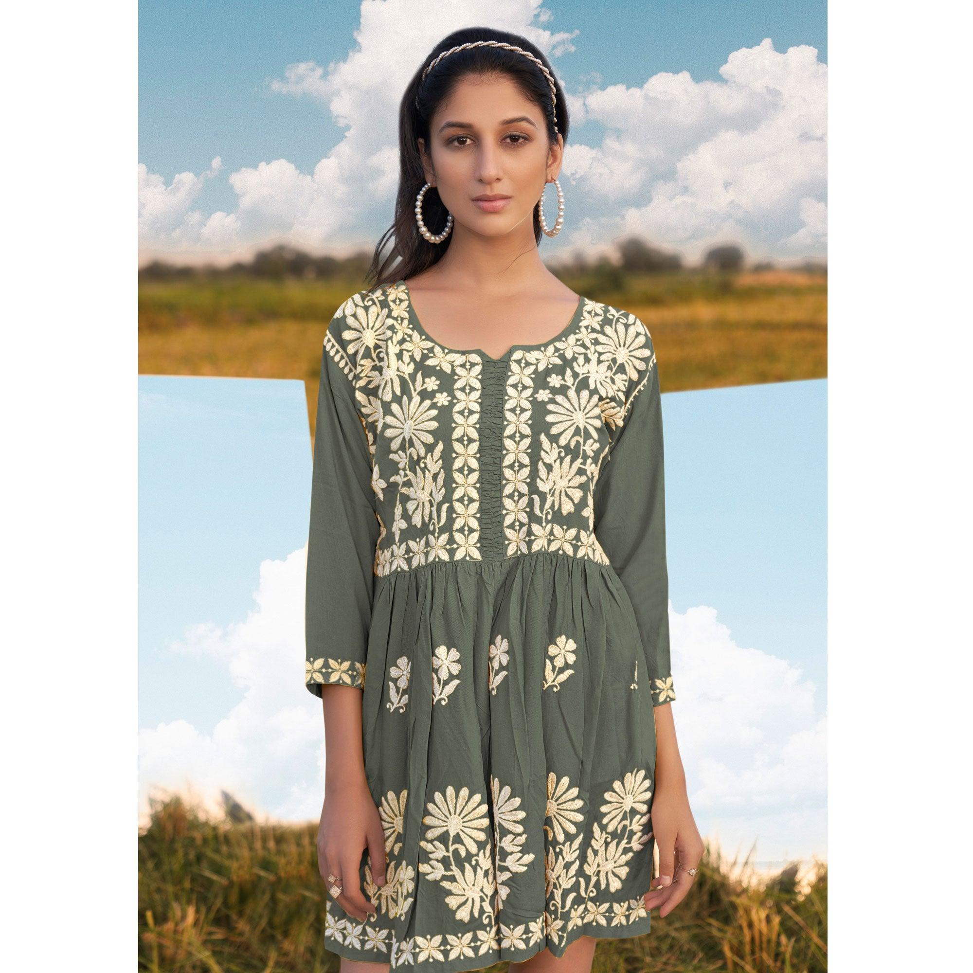 Grey Floral Embroidered Rayon Top - Peachmode