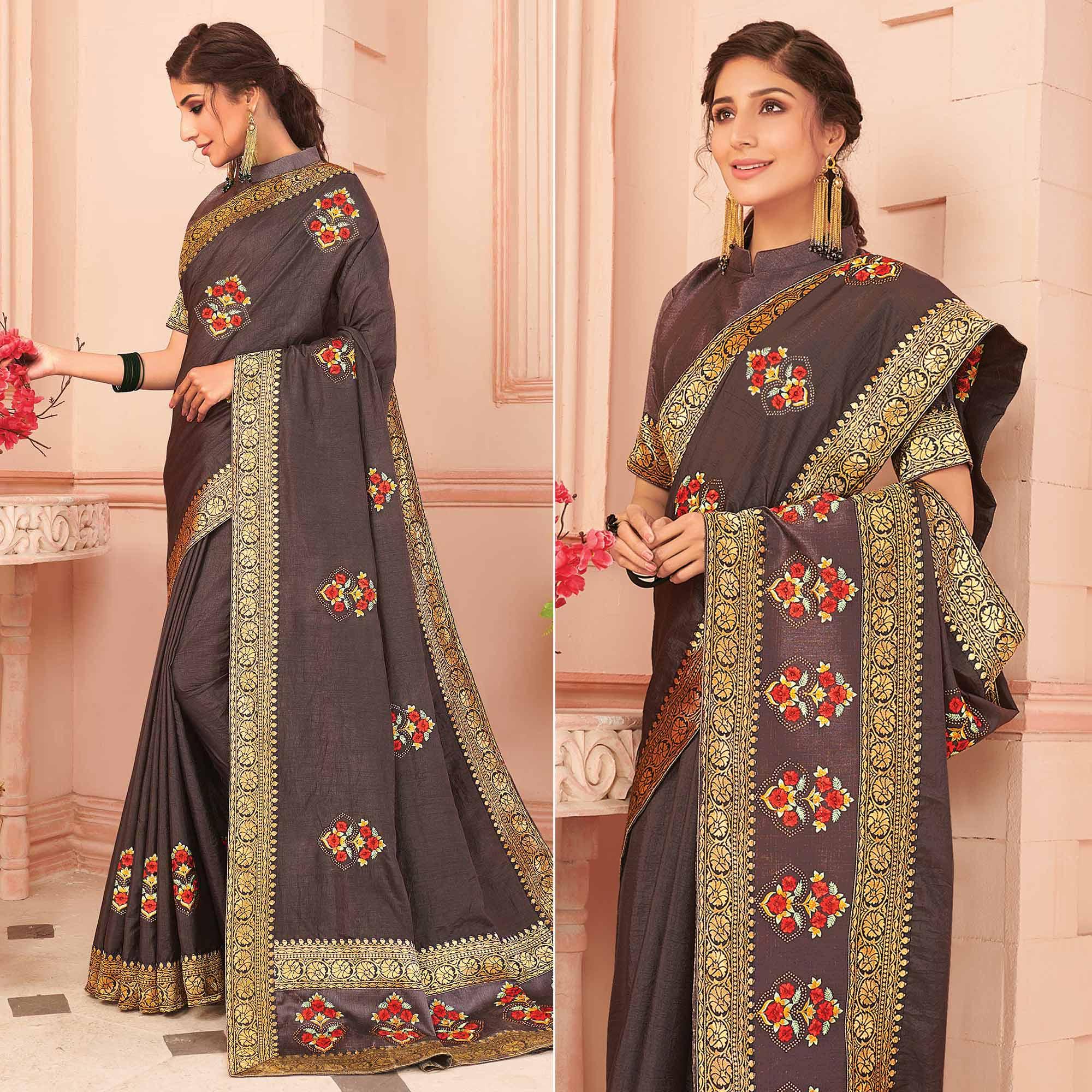 Grey Floral Embroidered Vichitra Silk Saree - Peachmode